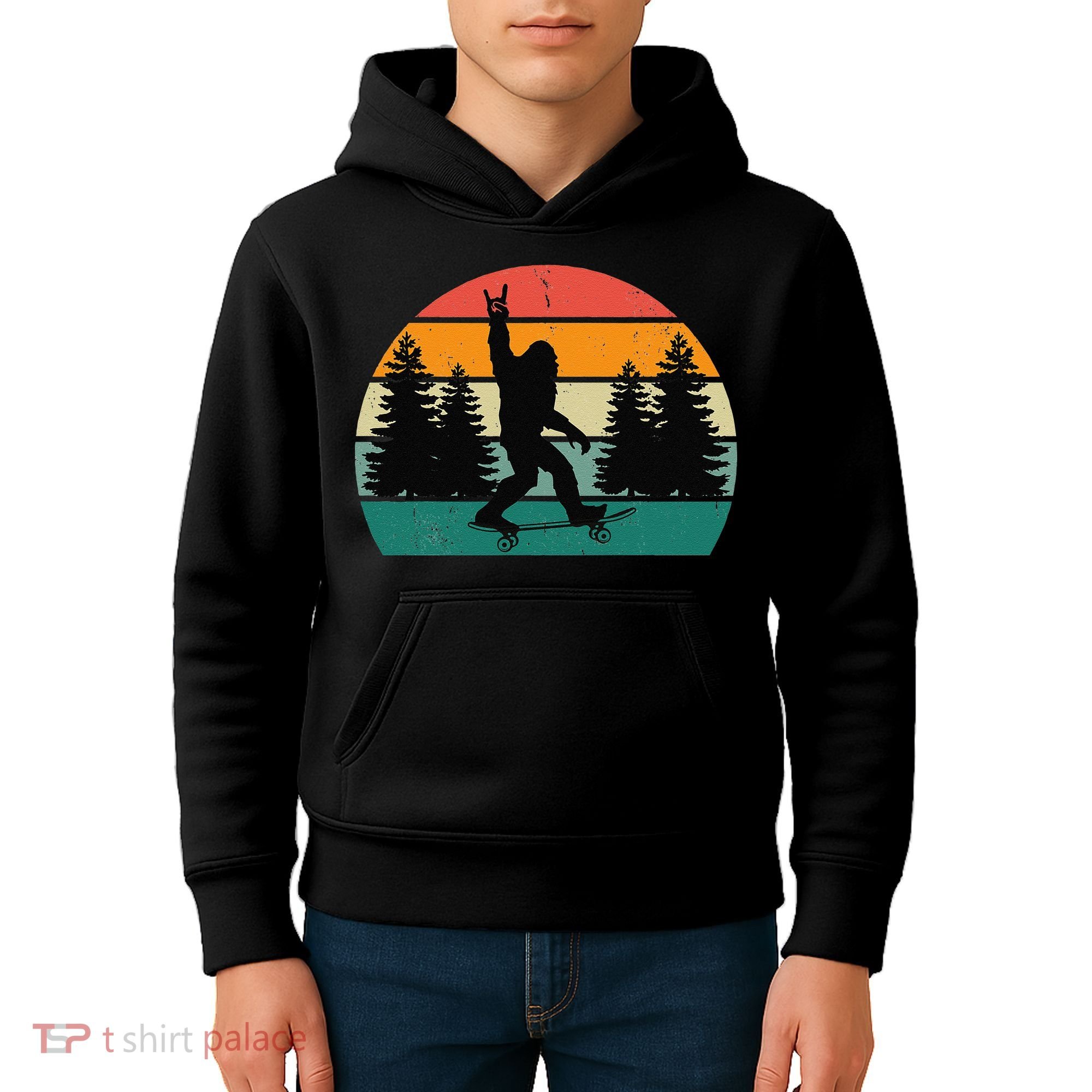 Bigfoot Skateboarding Skater Retro Sunset Funny Sasquatch Kids Hoodie