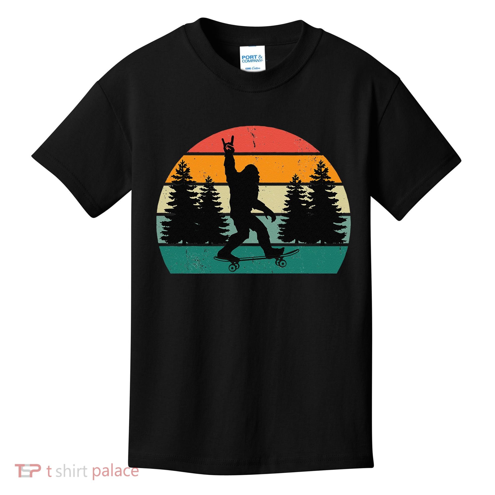 Bigfoot Skateboarding Skater Retro Sunset Funny Sasquatch Kids T-Shirt