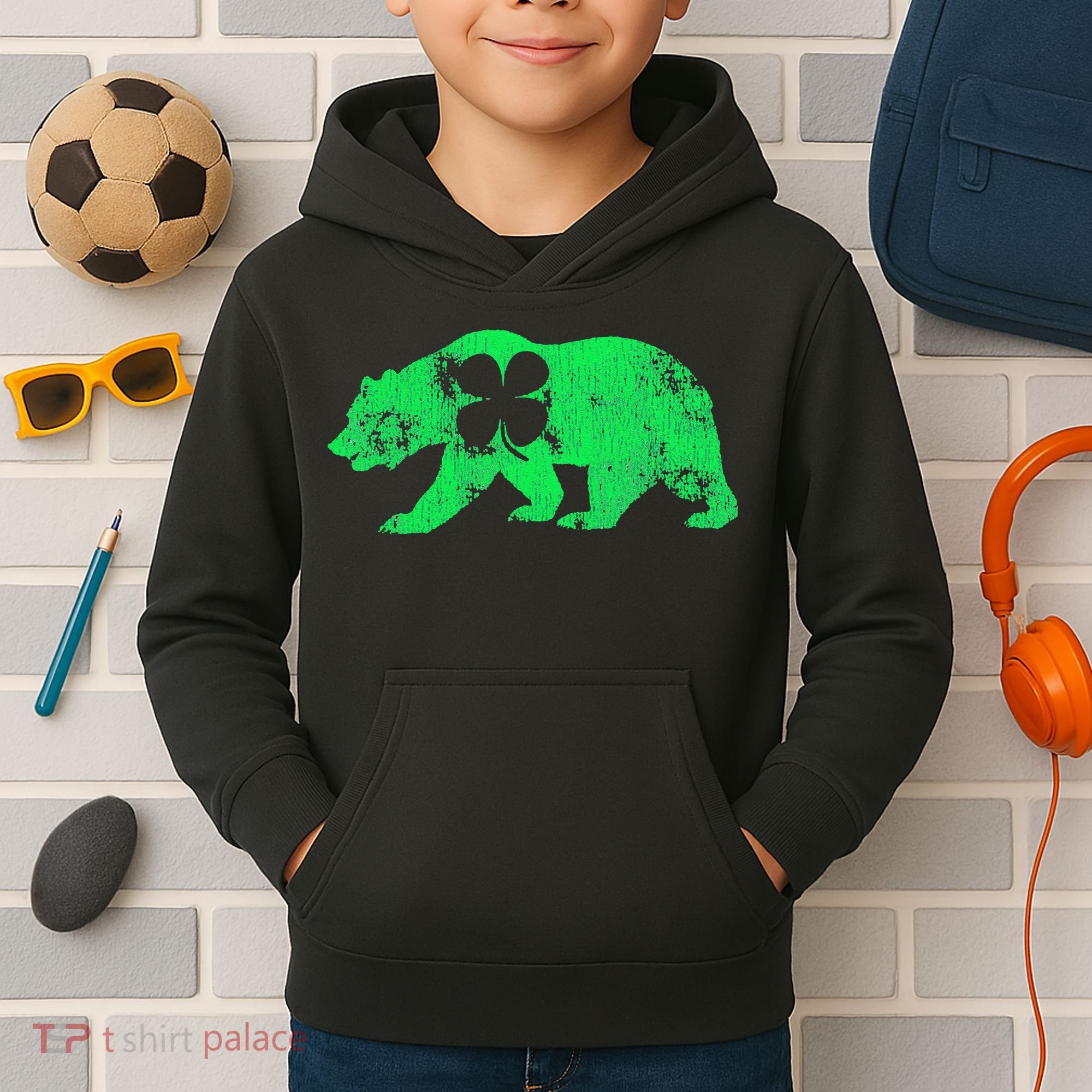 Bear Shamrock St Patrick's Day Irish Clover Saint Paddys Kids Hoodie