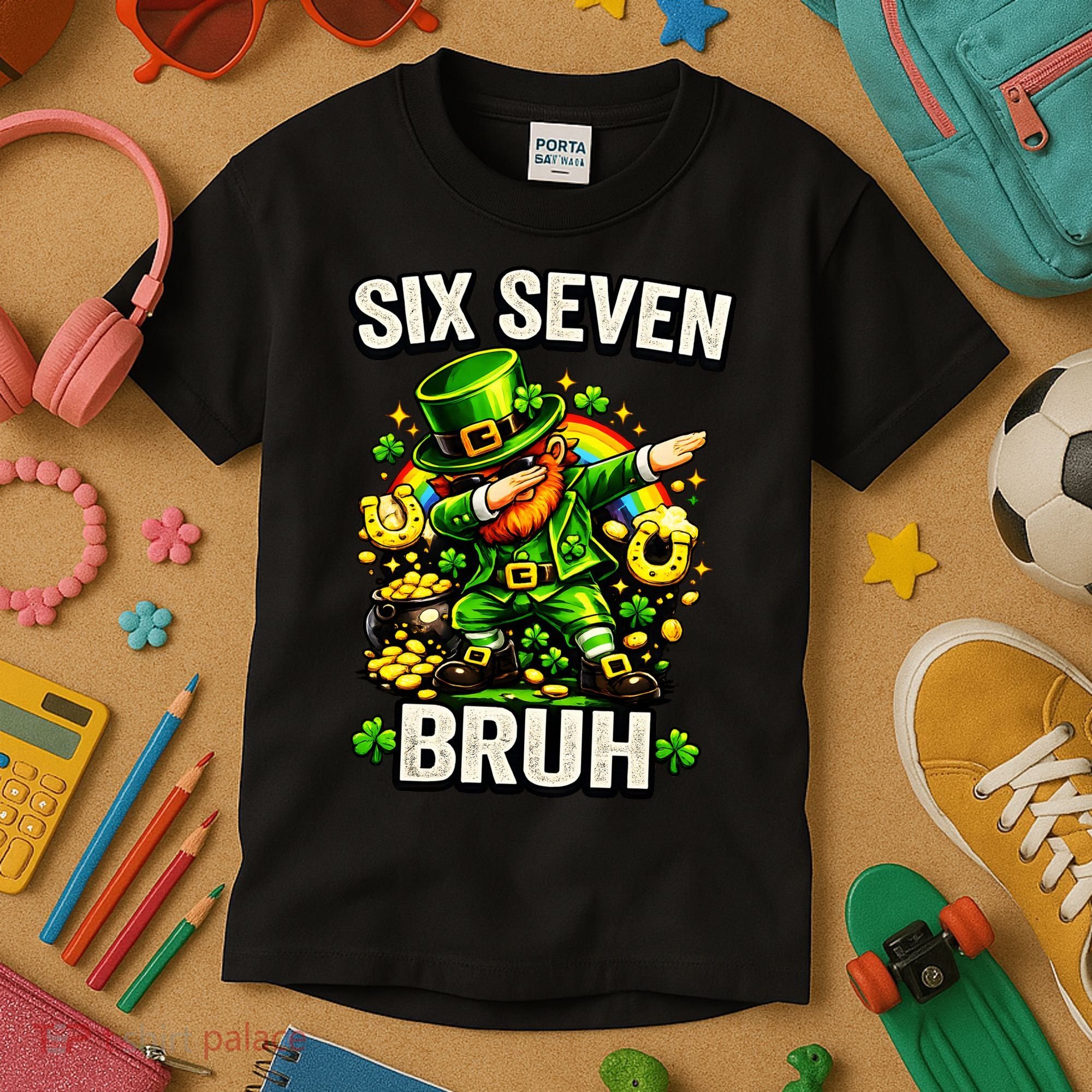 Bruh Six Seven Meme 67 Dabbing Leprechaun St Patricks Day Kids T-Shirt
