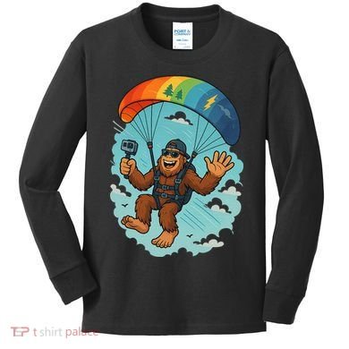 Bigfoot Skydiving Sasquatch Parachute Skydiver Paragliding Kids Long Sleeve Shirt