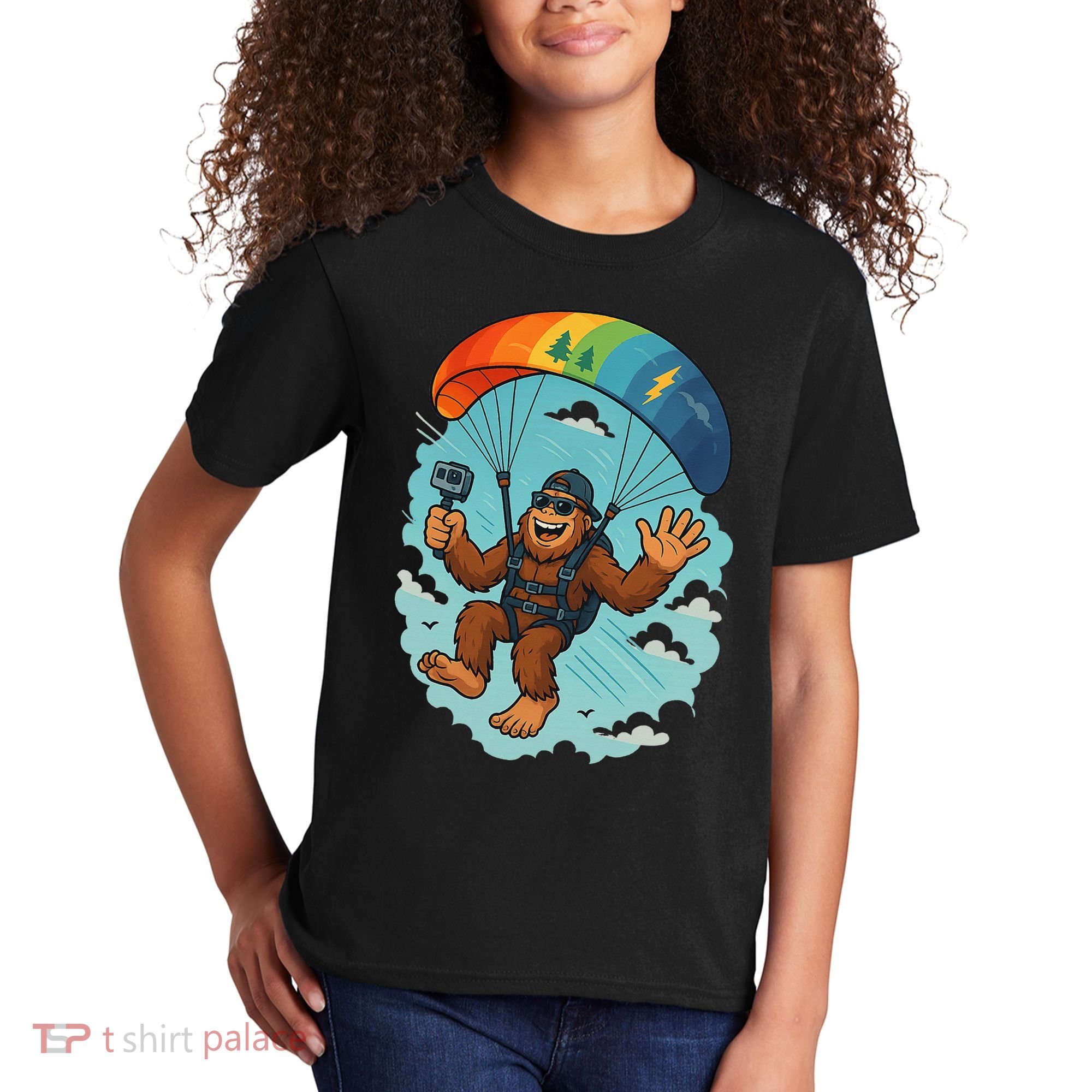 Bigfoot Skydiving Sasquatch Parachute Skydiver Paragliding Kids T-Shirt