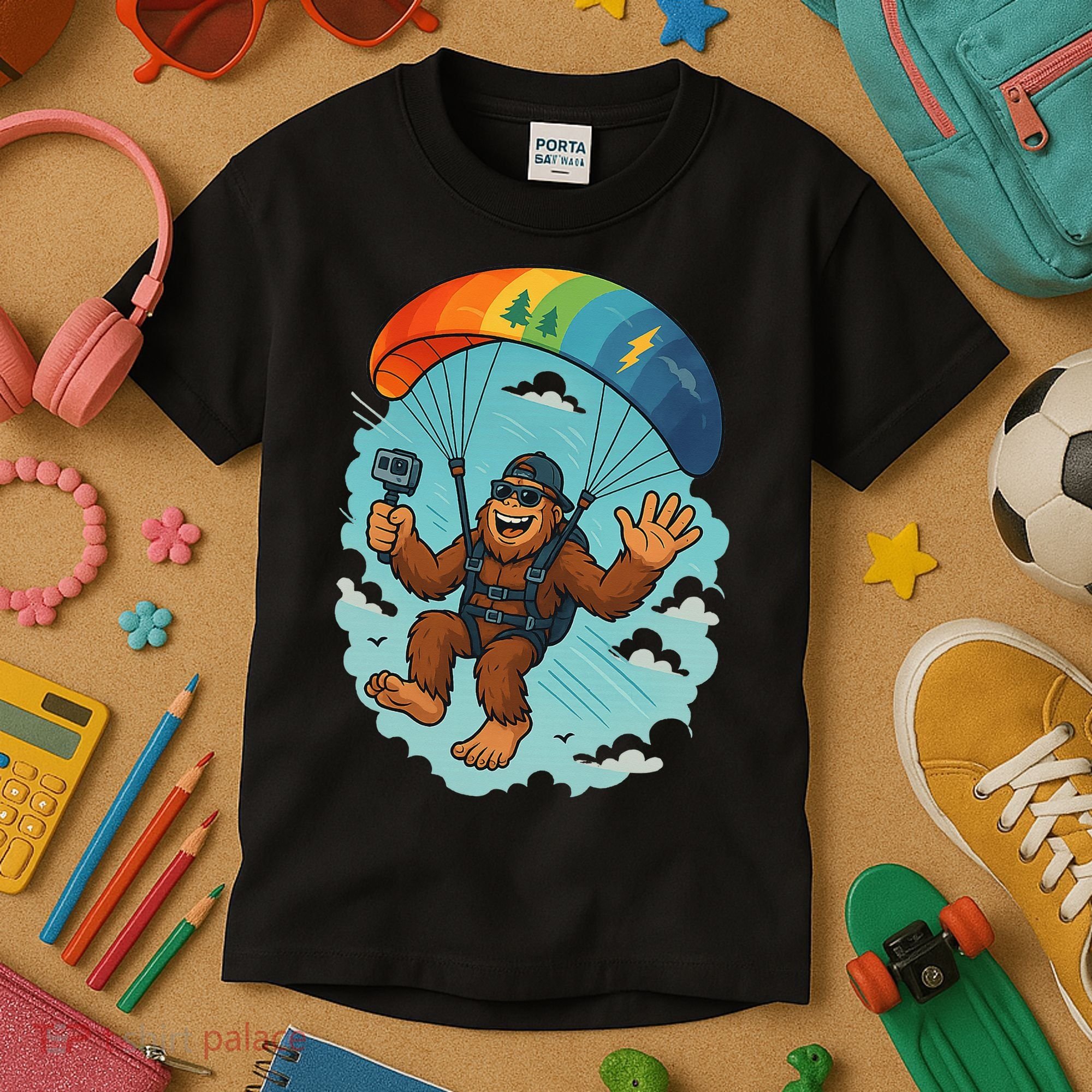 Bigfoot Skydiving Sasquatch Parachute Skydiver Paragliding Kids T-Shirt