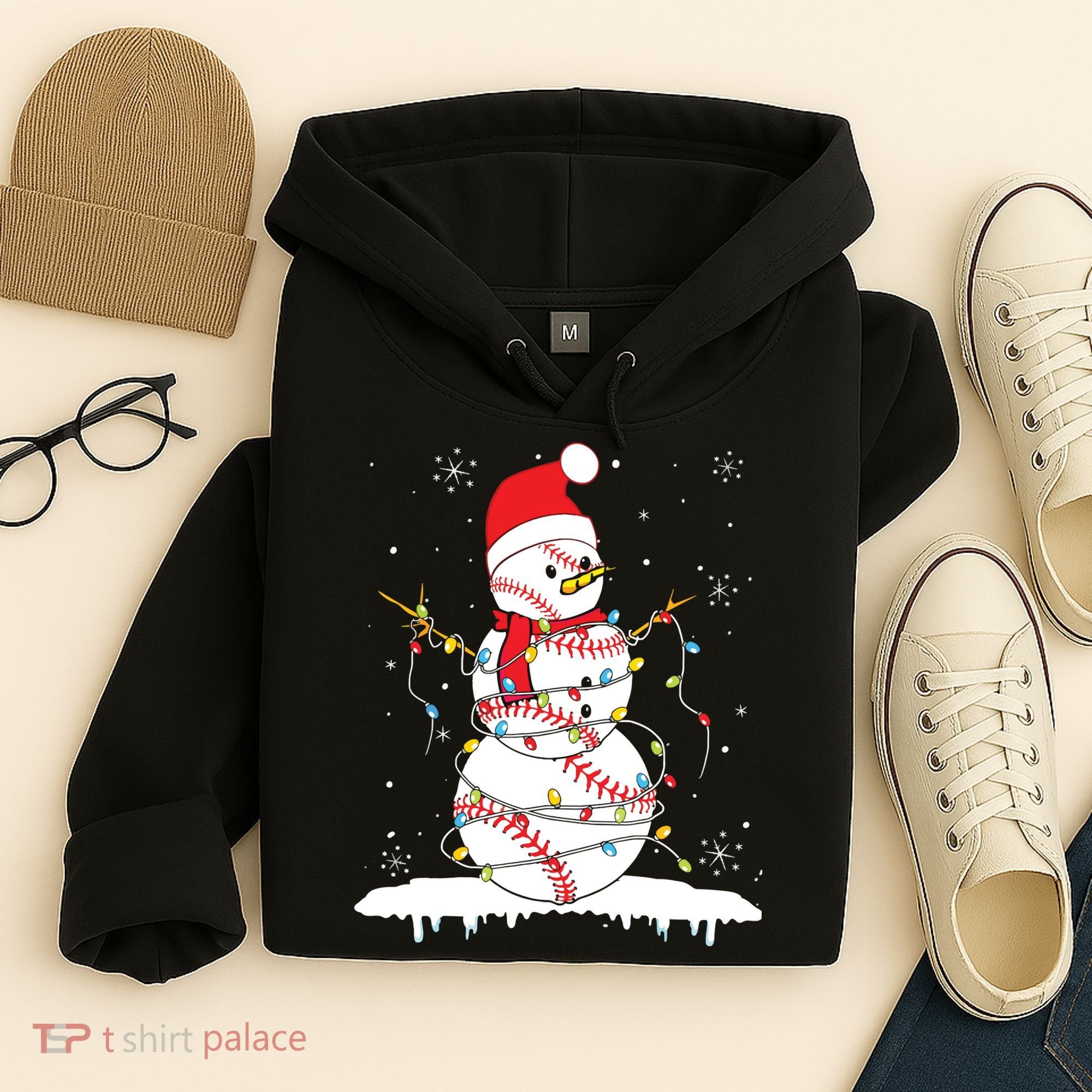Baseball Snowman Santa Hat Christmas Baseball Player Gift Hoodie