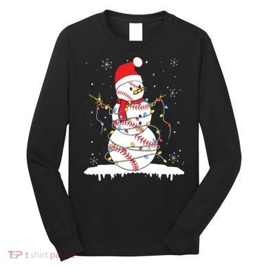 Baseball Snowman Santa Hat Christmas Baseball Player Gift Long Sleeve Shirt