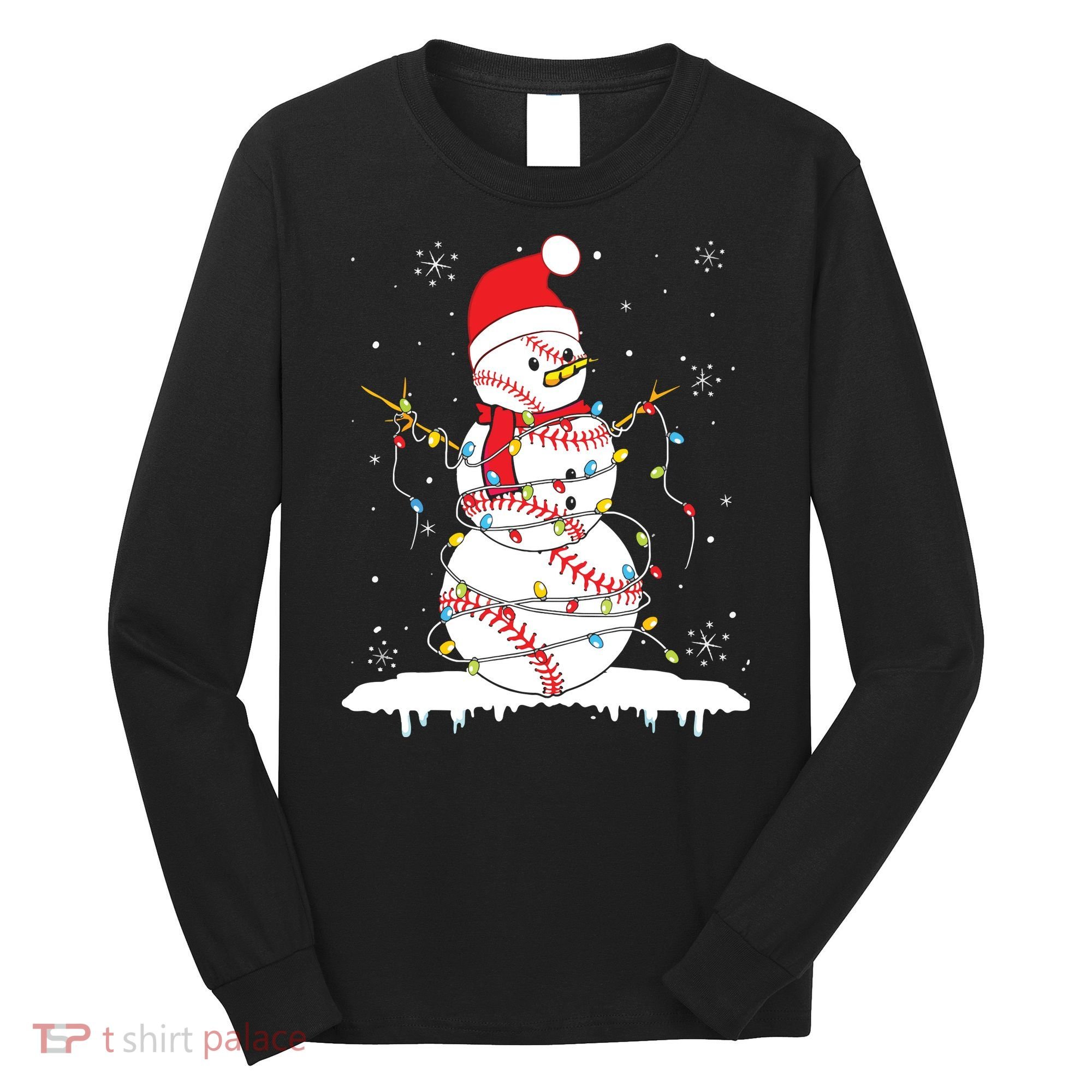 Baseball Snowman Santa Hat Christmas Baseball Player Gift Long Sleeve Shirt