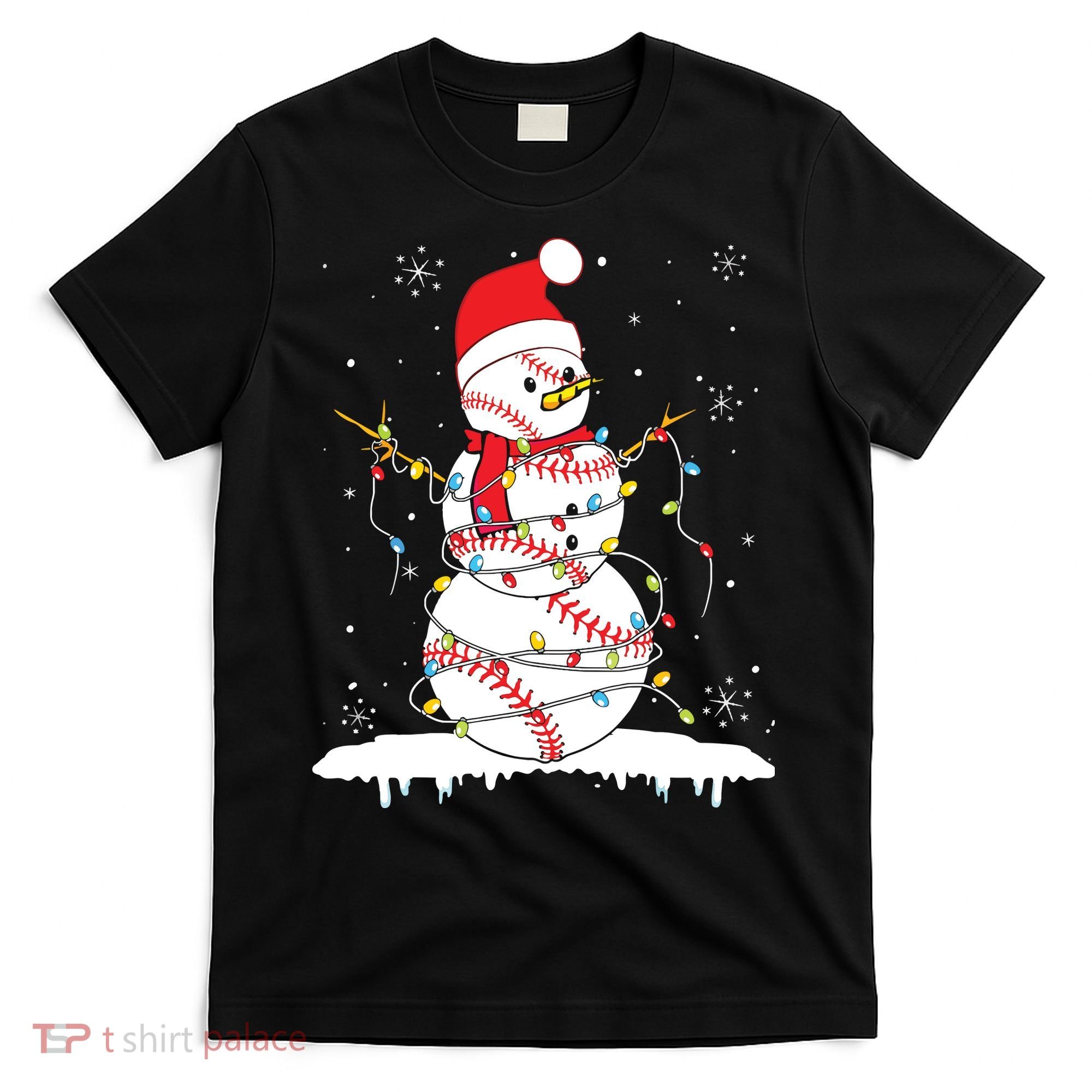 Baseball Snowman Santa Hat Christmas Baseball Player Gift T-Shirt