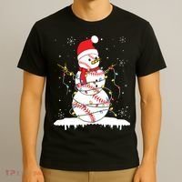 Baseball Snowman Santa Hat Christmas Baseball Player Gift T-Shirt thumb 3