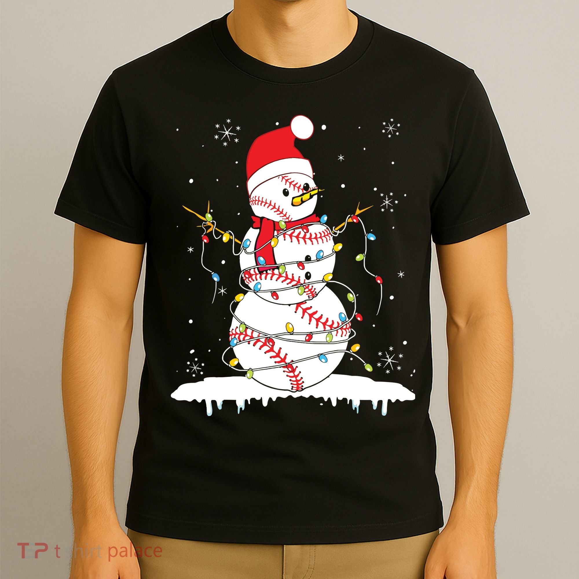 Baseball Snowman Santa Hat Christmas Baseball Player Gift T-Shirt