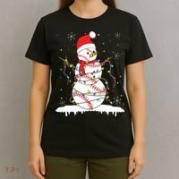 Baseball Snowman Santa Hat Christmas Baseball Player Gift T-Shirt thumb 4