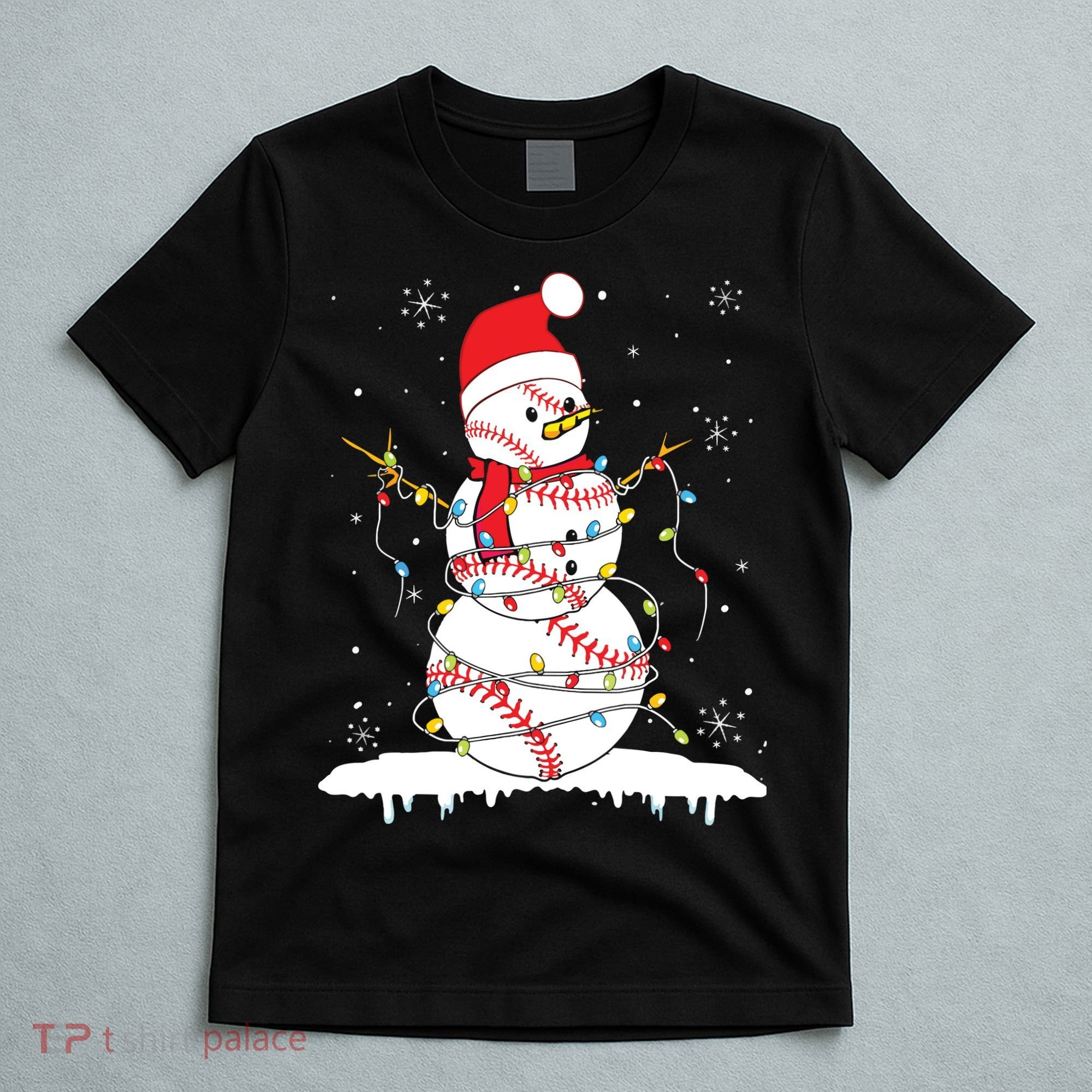Baseball Snowman Santa Hat Christmas Baseball Player Gift T-Shirt