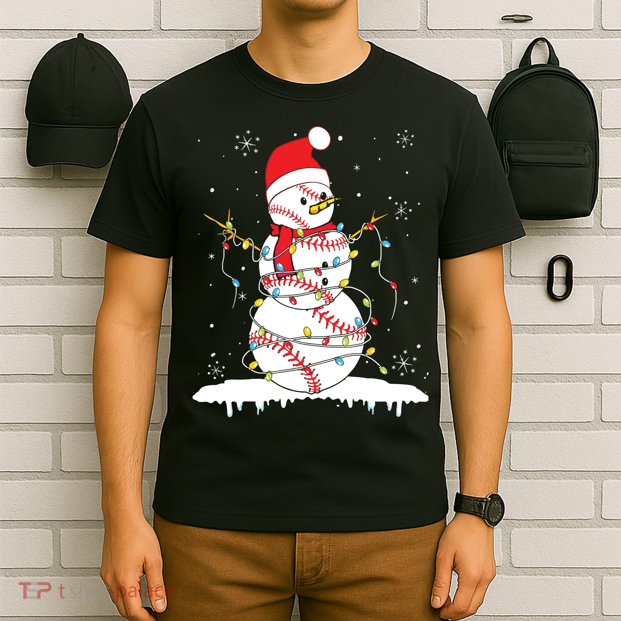 Baseball Snowman Santa Hat Christmas Baseball Player Gift T-Shirt