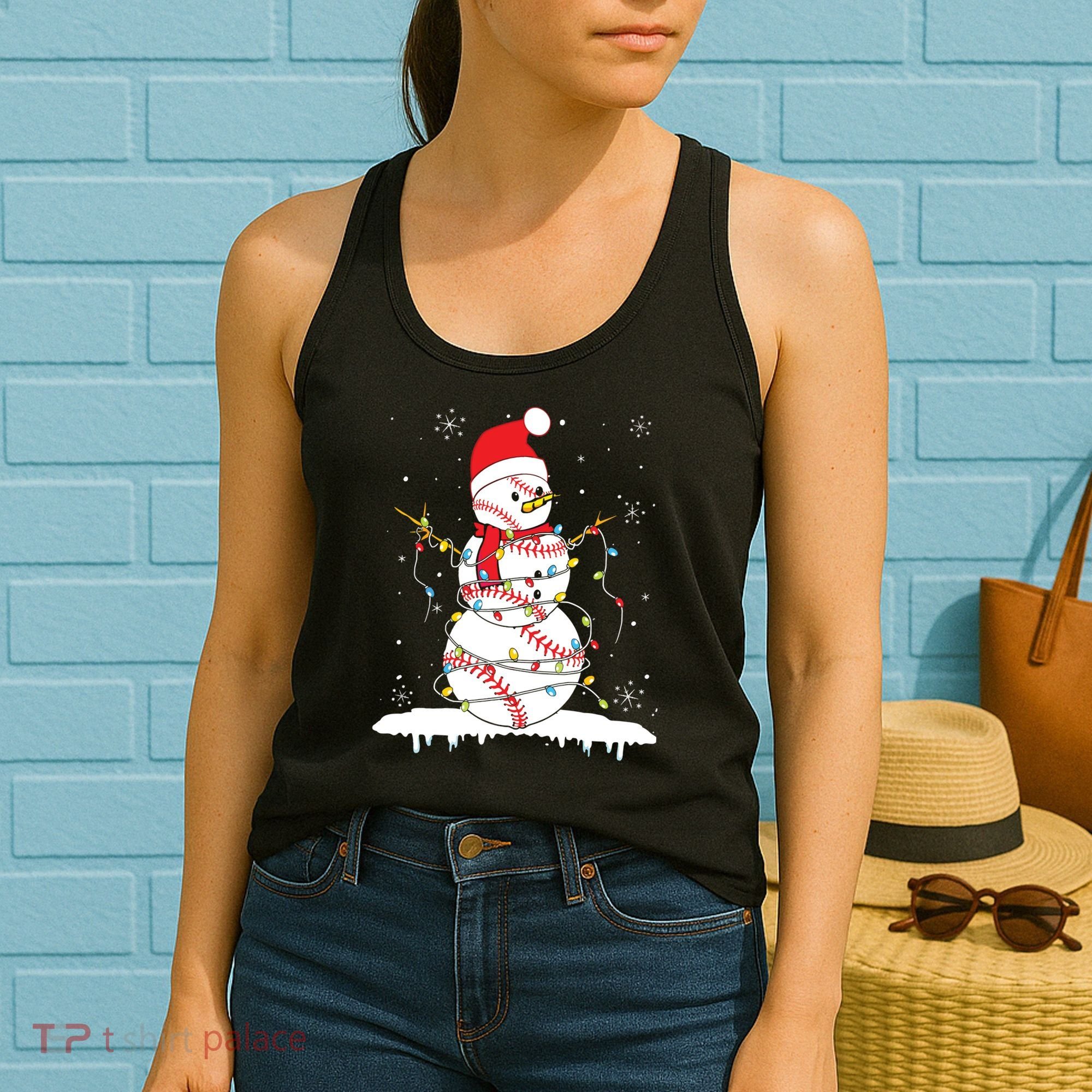 Baseball Snowman Santa Hat Christmas Baseball Player Gift Women's Tank Top
