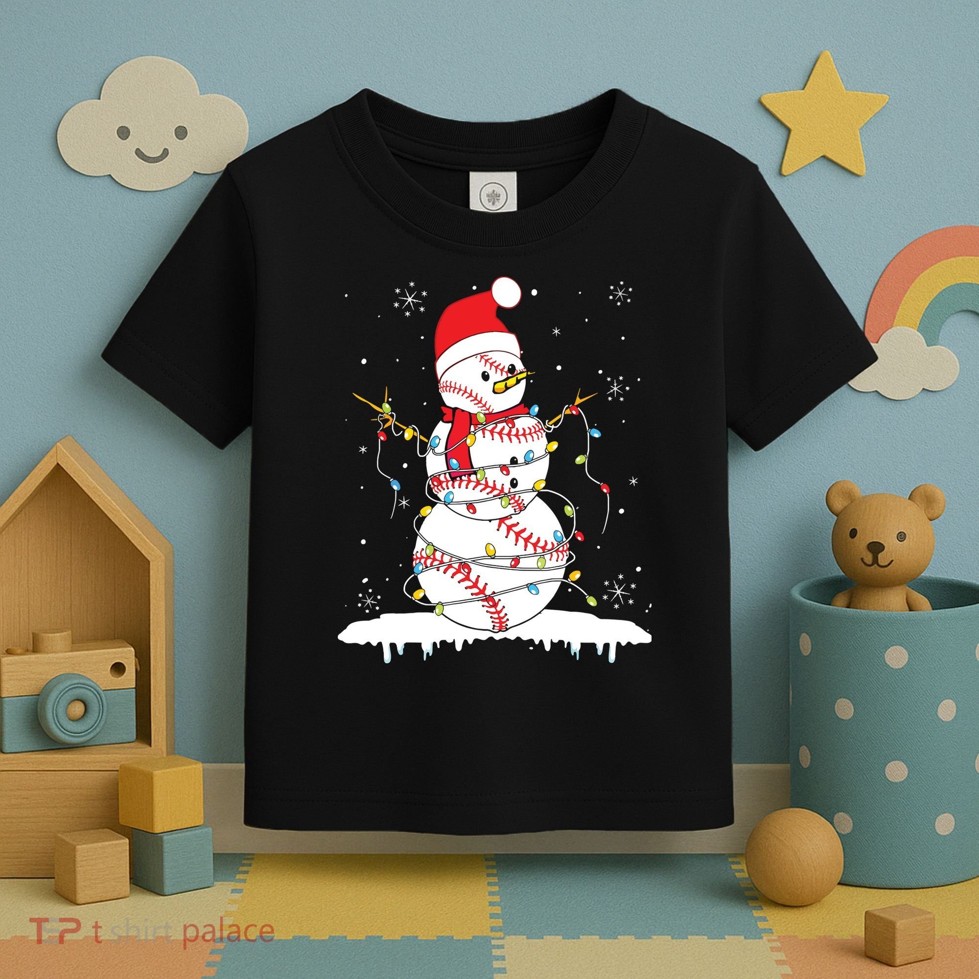 Baseball Snowman Santa Hat Christmas Baseball Player Gift Toddler T-Shirt