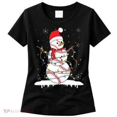 Baseball Snowman Santa Hat Christmas Baseball Player Gift Women's T-Shirt