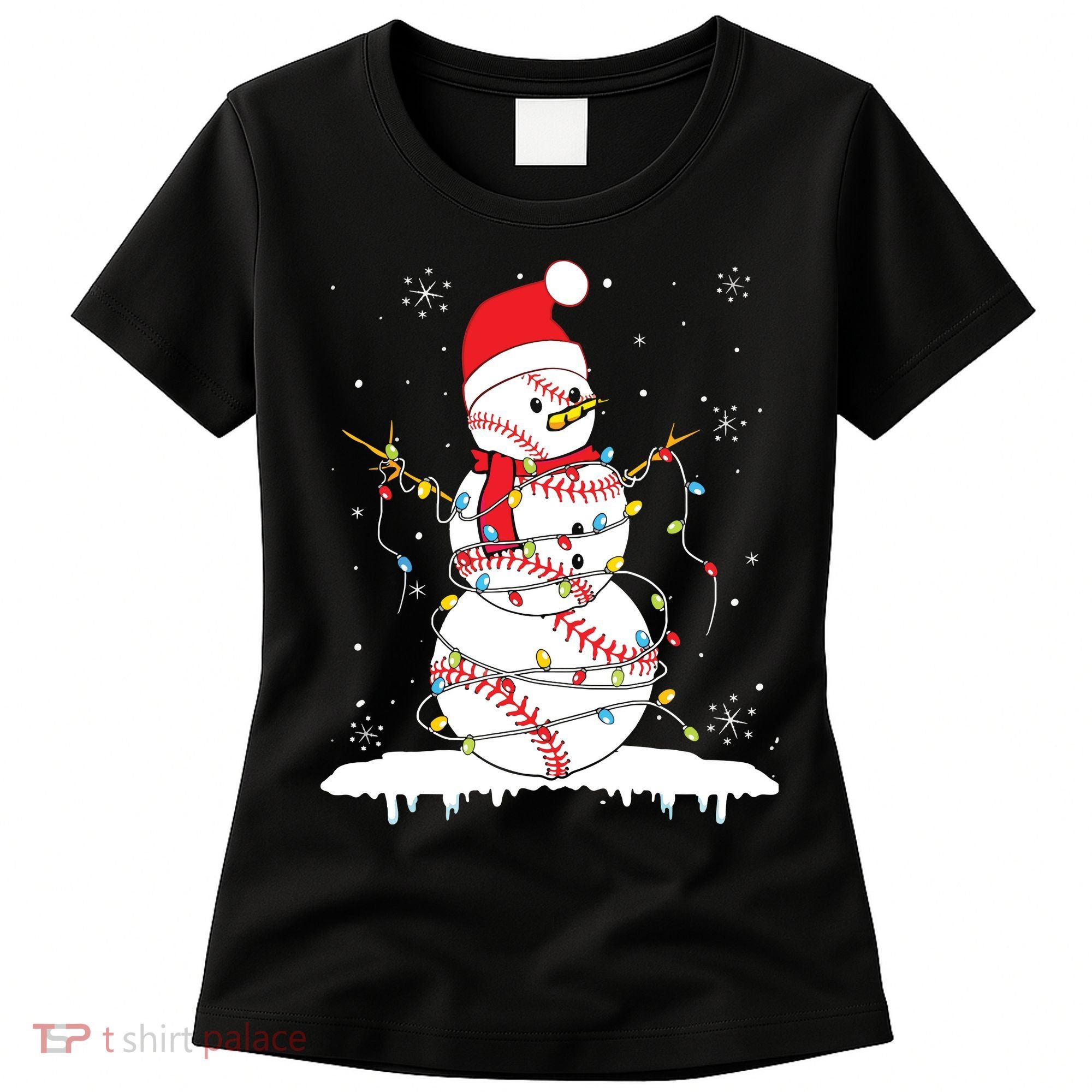 Baseball Snowman Santa Hat Christmas Baseball Player Gift Women's T-Shirt
