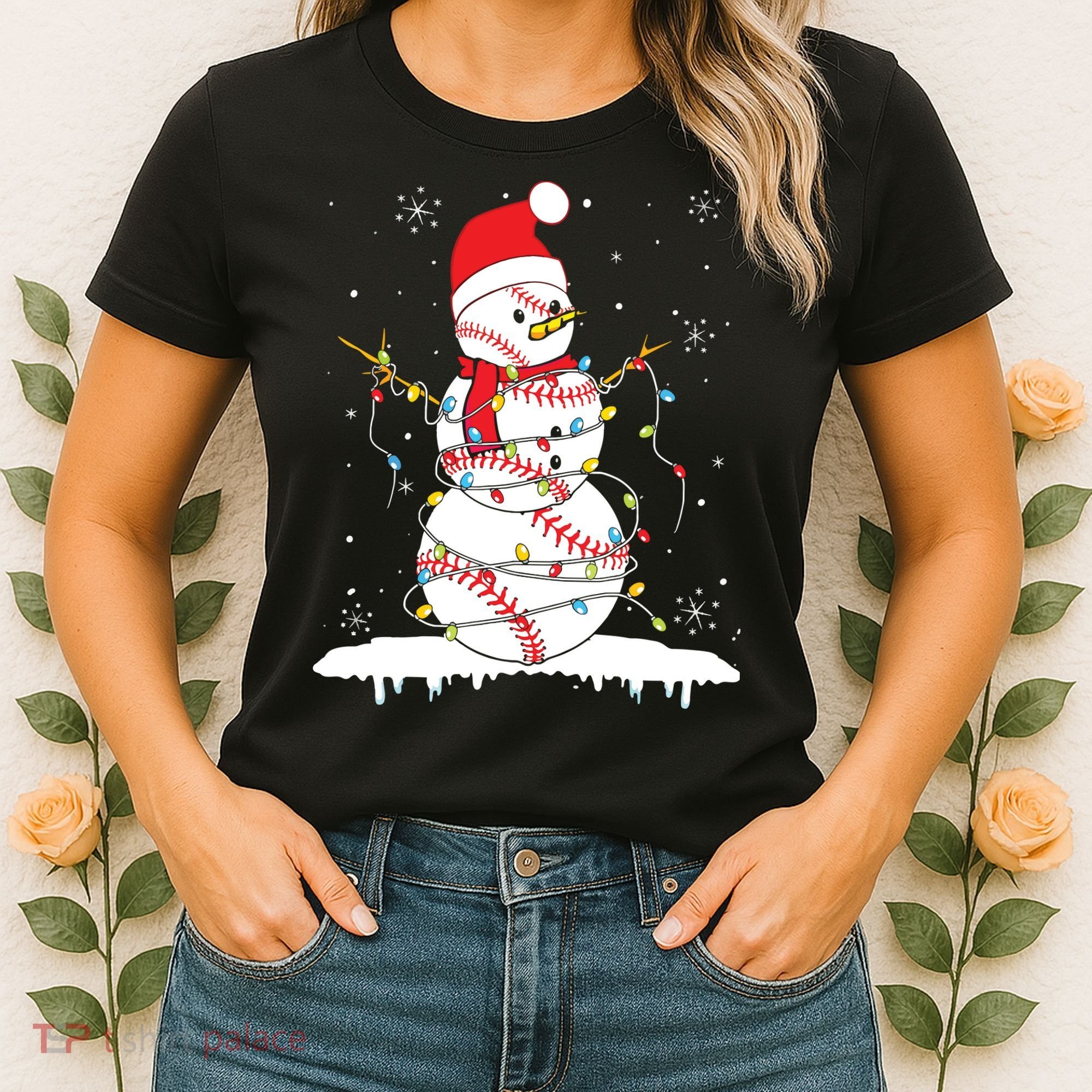 Baseball Snowman Santa Hat Christmas Baseball Player Gift Women's T-Shirt