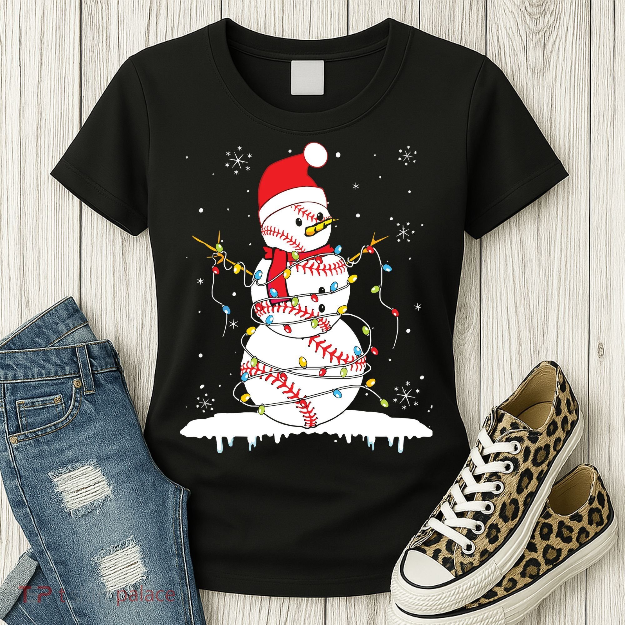 Baseball Snowman Santa Hat Christmas Baseball Player Gift Women's T-Shirt