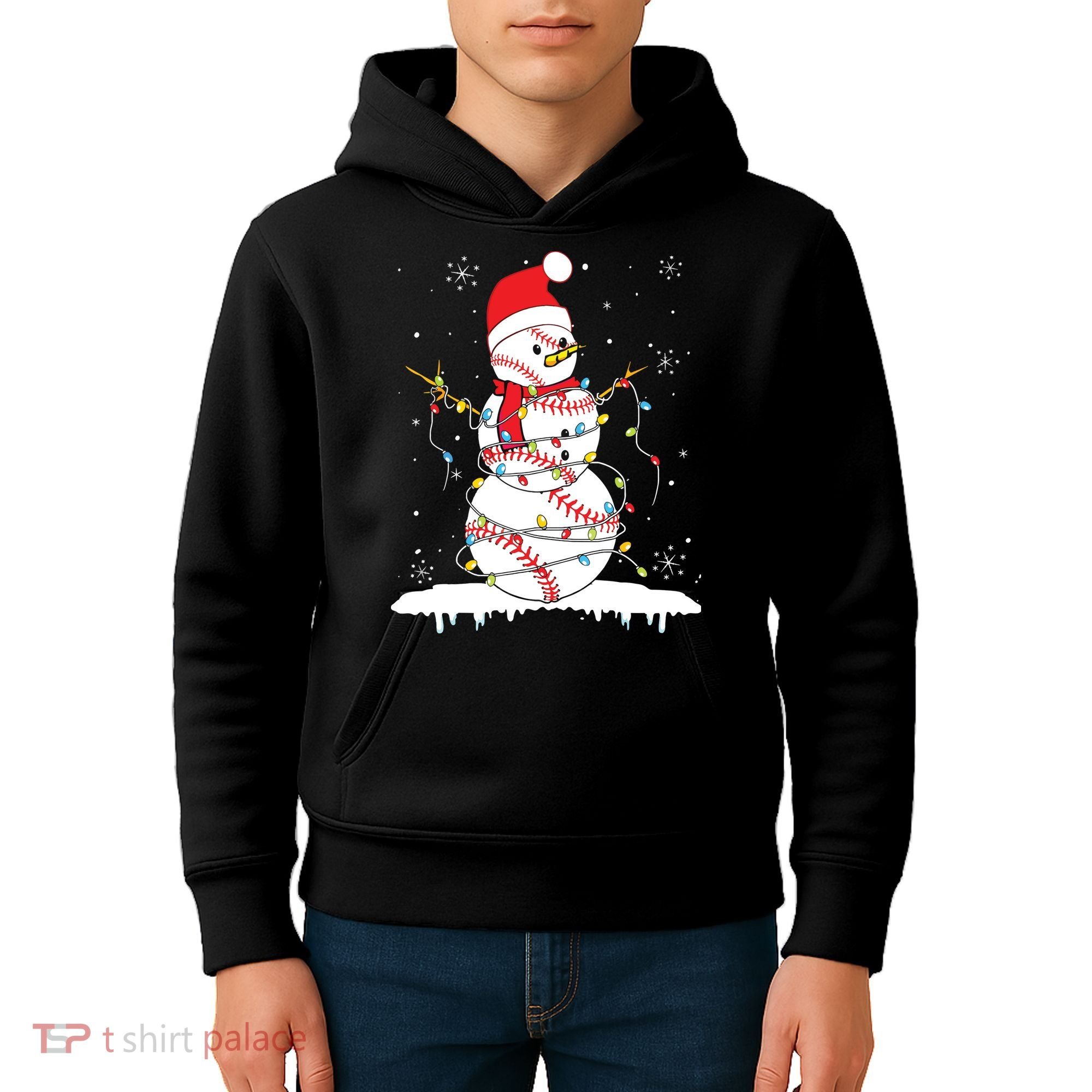 Baseball Snowman Santa Hat Christmas Baseball Player Gift Kids Hoodie