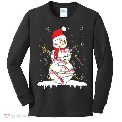 Baseball Snowman Santa Hat Christmas Baseball Player Gift Kids Long Sleeve Shirt