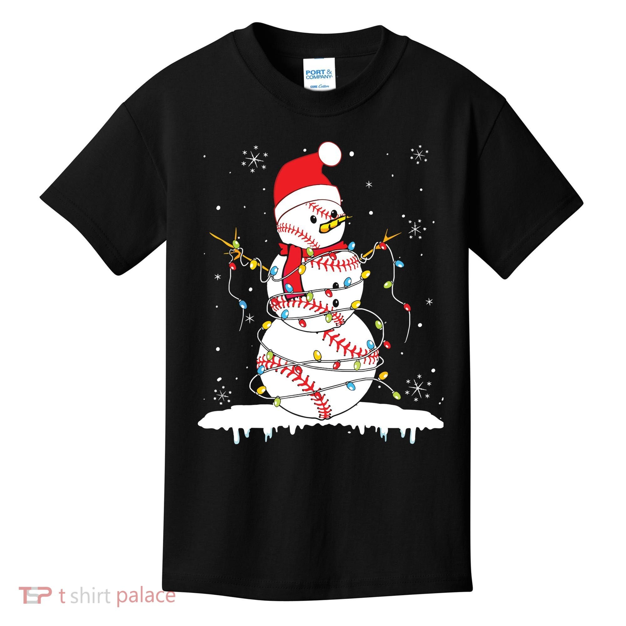 Baseball Snowman Santa Hat Christmas Baseball Player Gift Kids T-Shirt