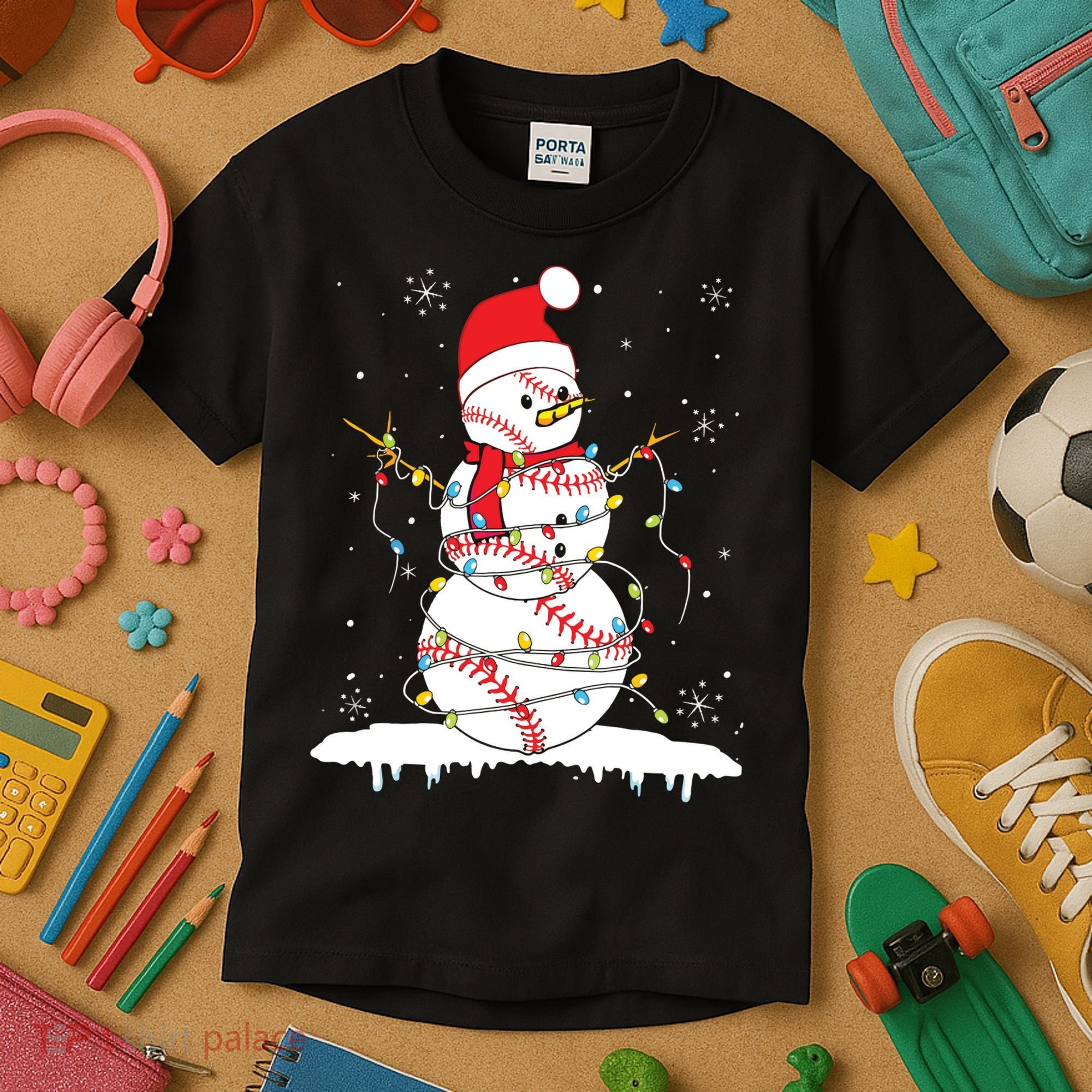 Baseball Snowman Santa Hat Christmas Baseball Player Gift Kids T-Shirt