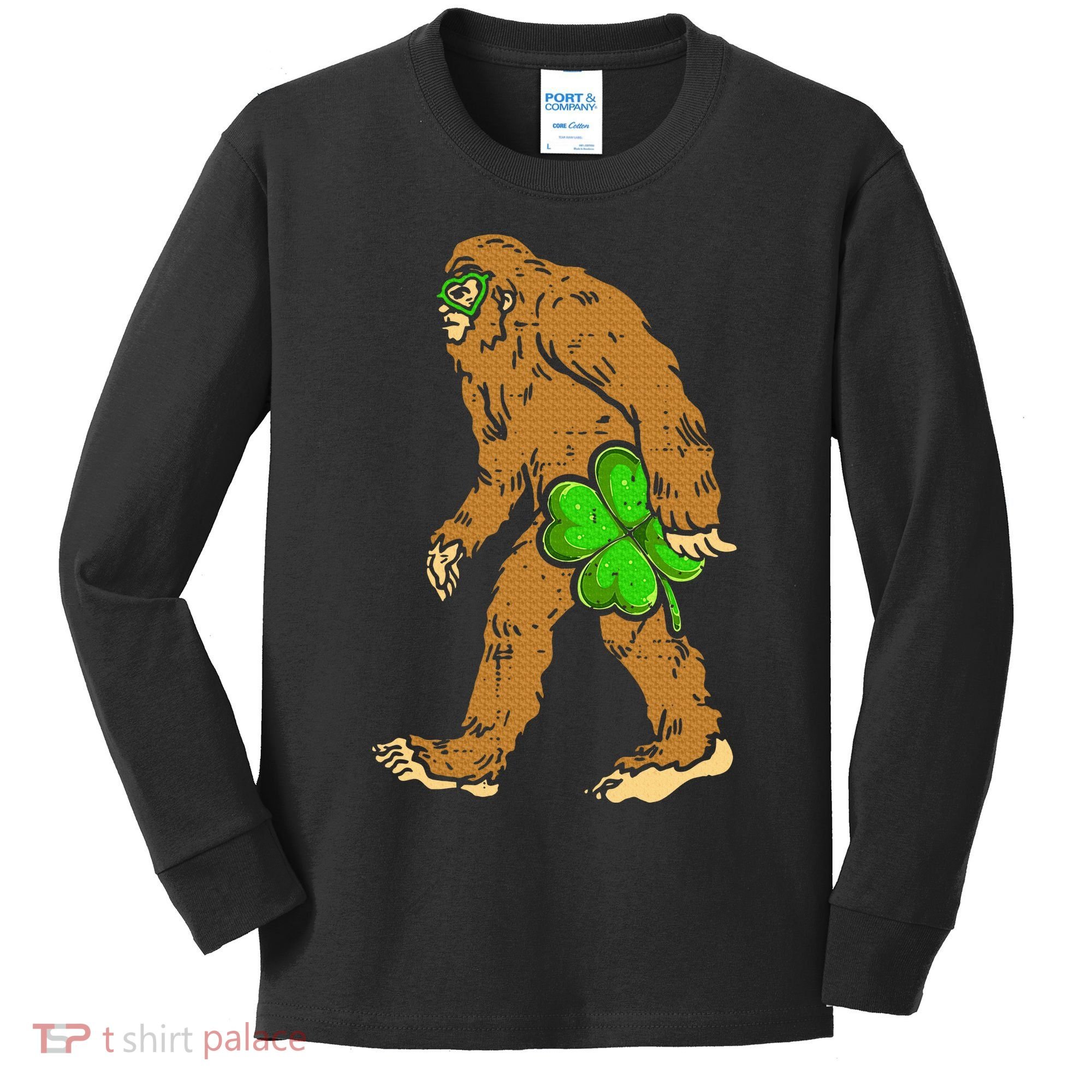 Bigfoot Shamrock Sasquatch Irish Kids Long Sleeve Shirt