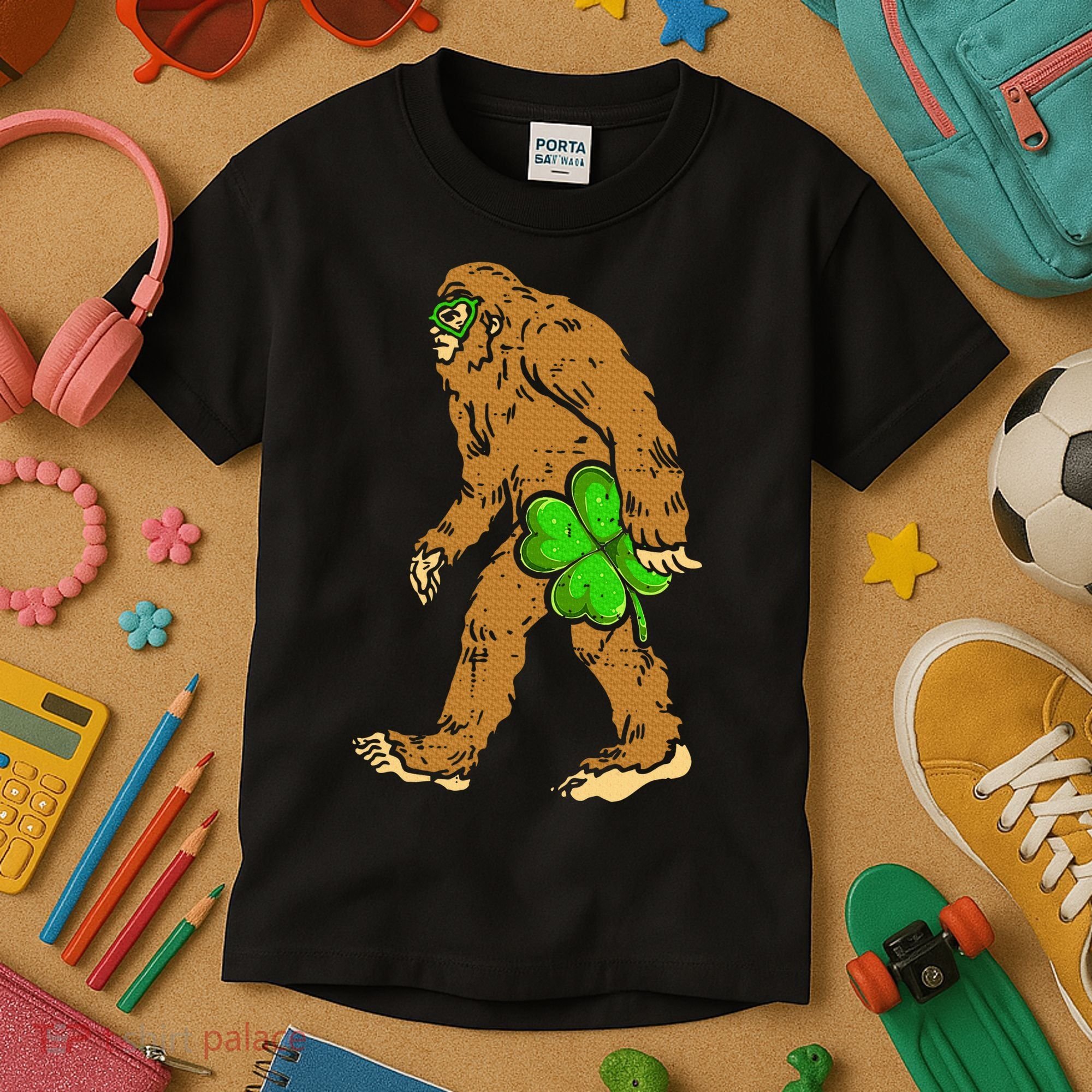 Bigfoot Shamrock Sasquatch Irish Kids T-Shirt