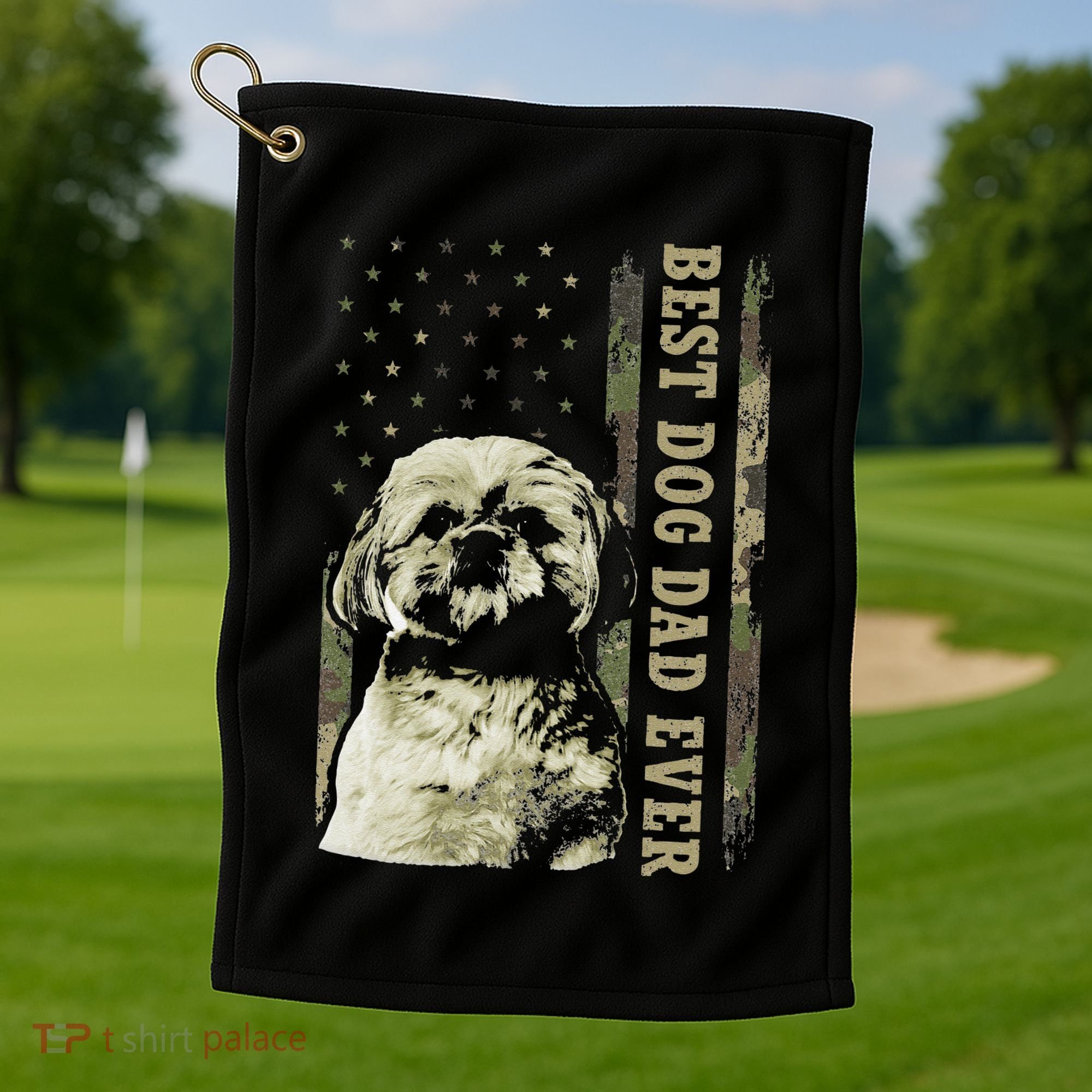 Best Shih Tzu Dad Ever Camo American Flag Dog Dad Golf Towel