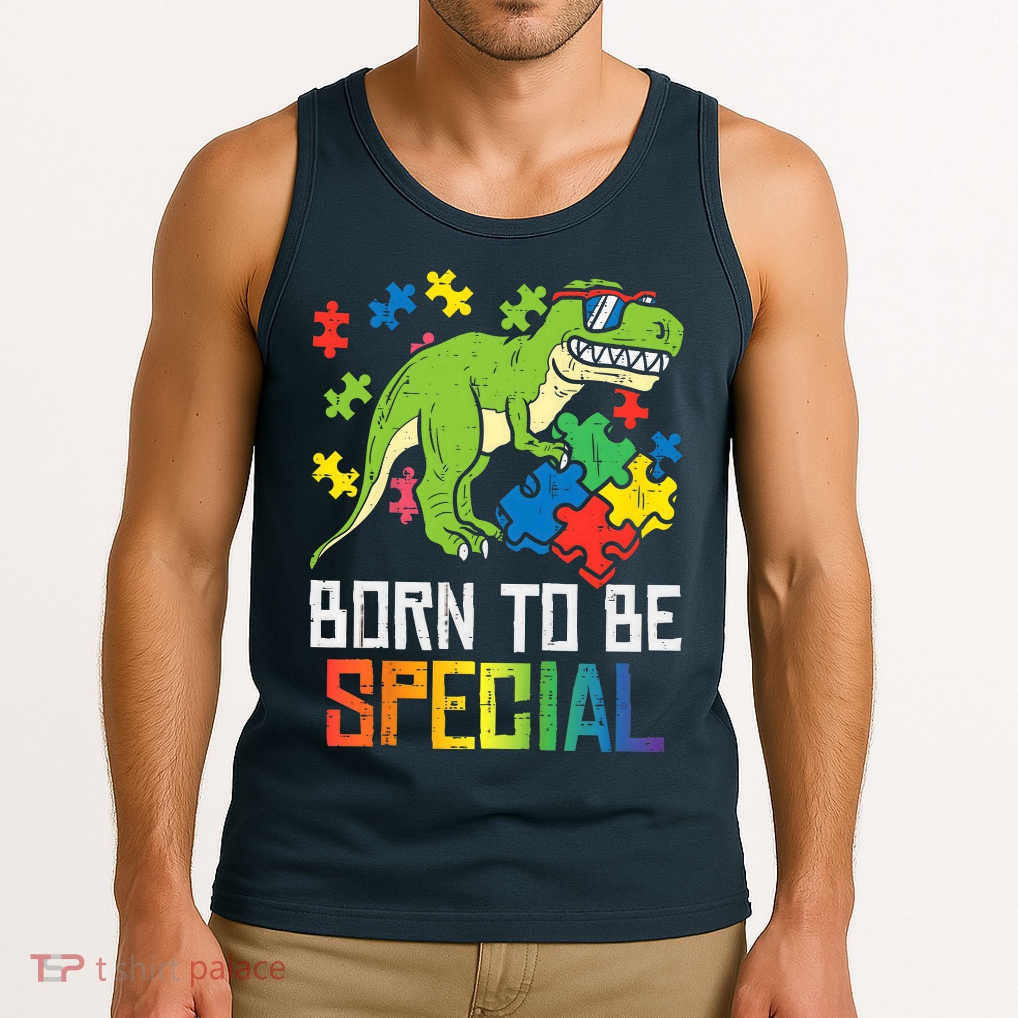 Born Special Trex Puzzle Dino Boy Autism Awareness Tank Top