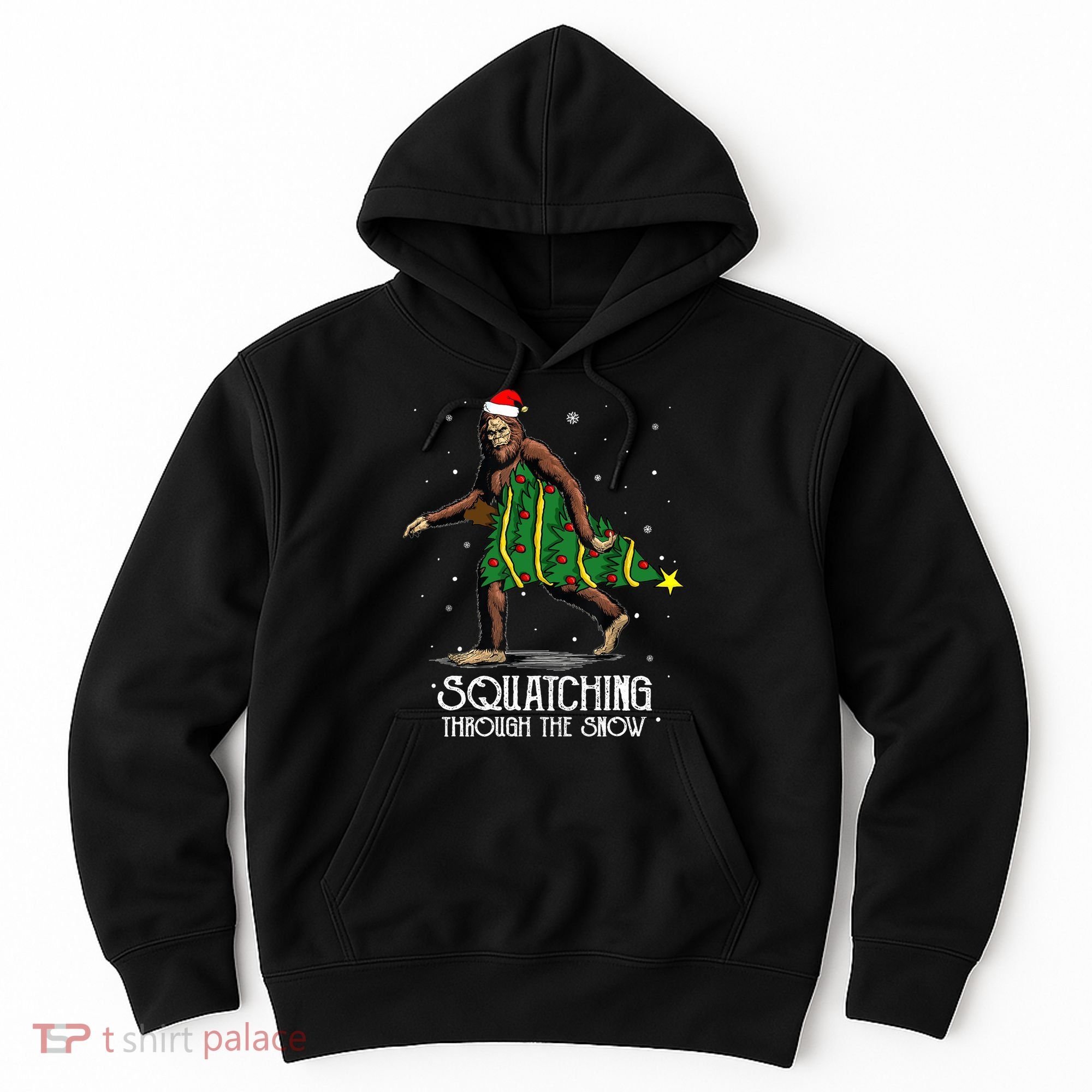 Bigfoot Squatching Through The Snow Christmas Tree Sasquatch Hoodie
