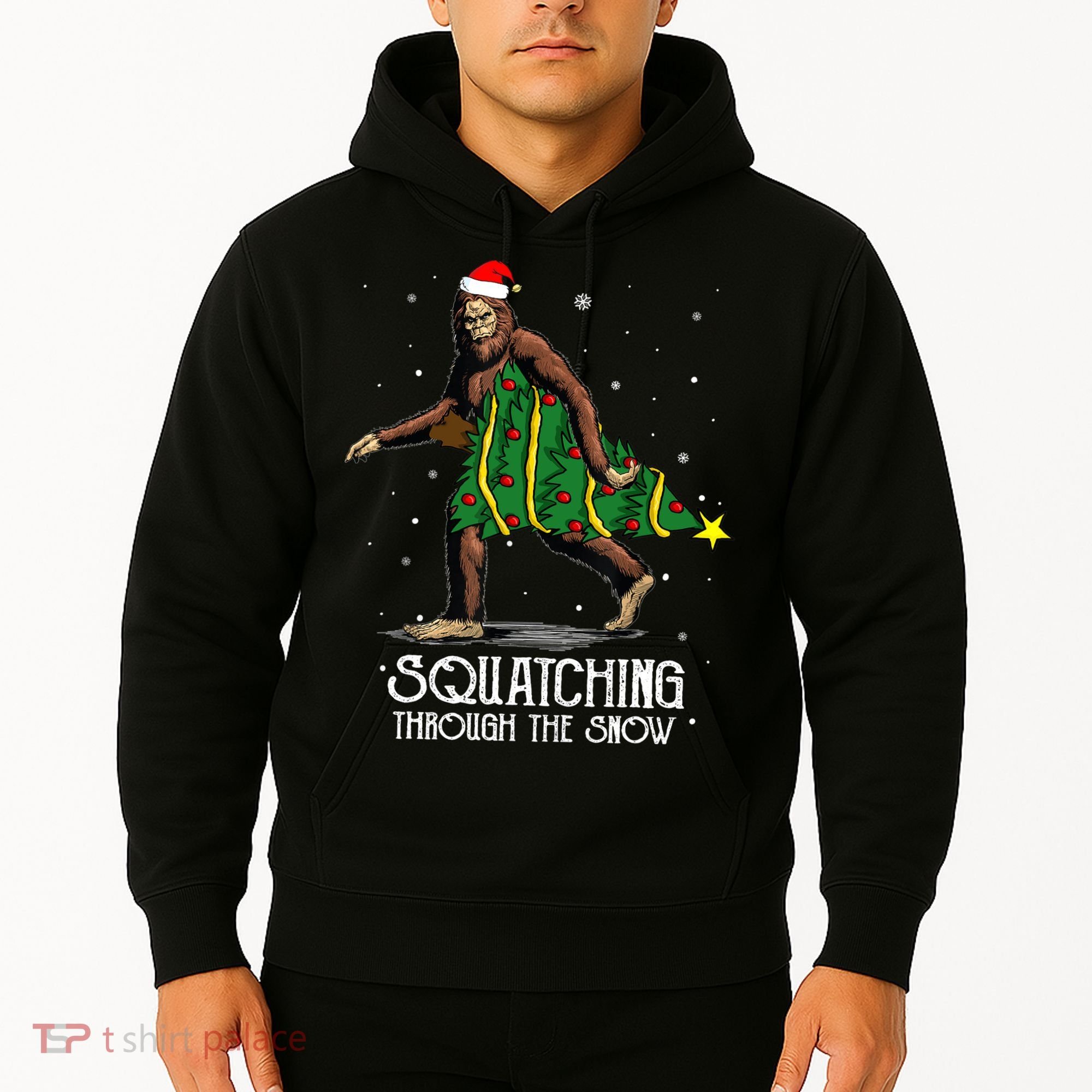 Bigfoot Squatching Through The Snow Christmas Tree Sasquatch Hoodie