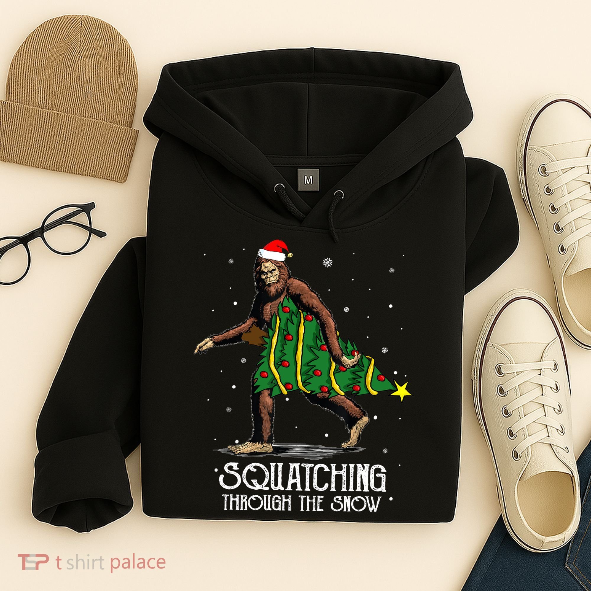 Bigfoot Squatching Through The Snow Christmas Tree Sasquatch Hoodie