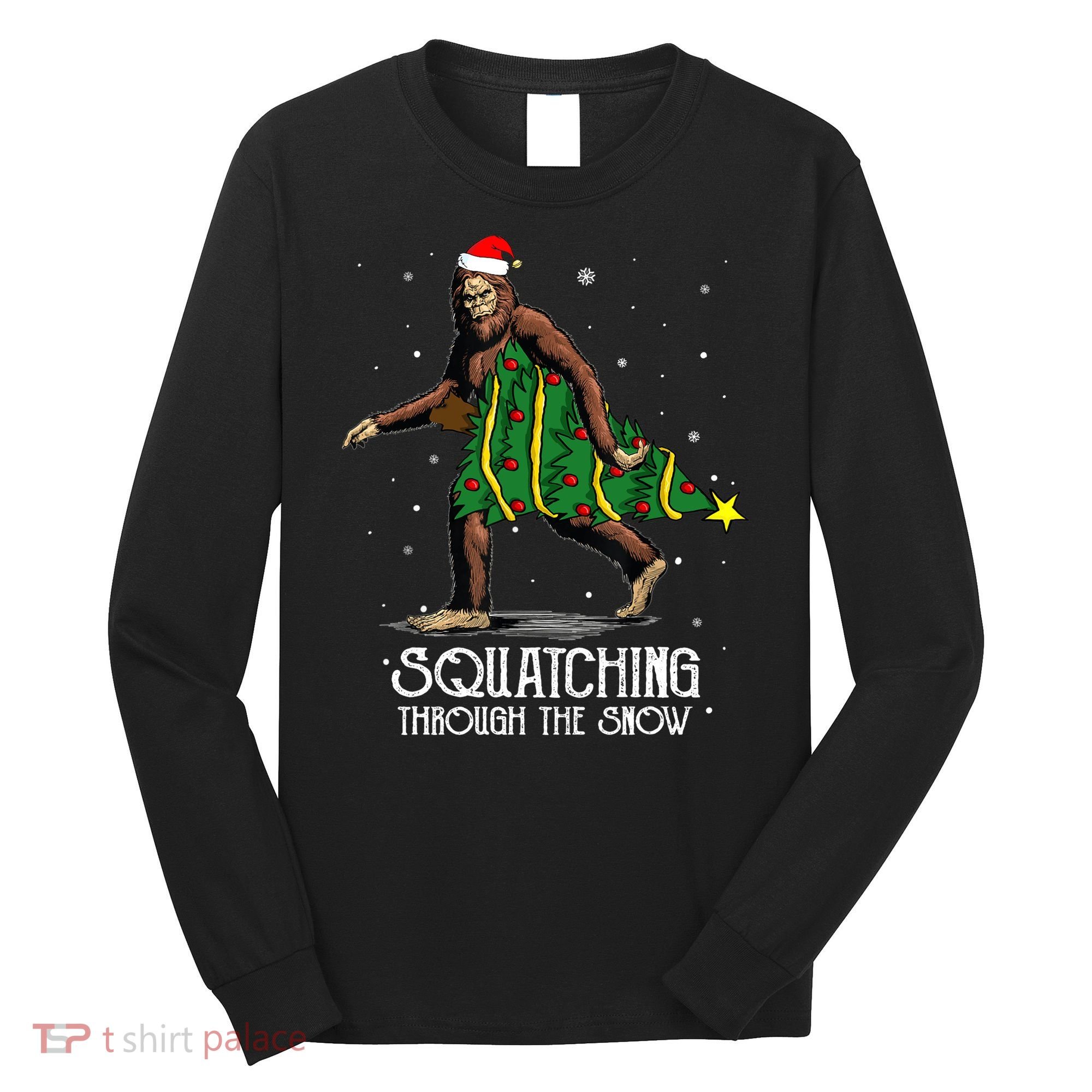 Bigfoot Squatching Through The Snow Christmas Tree Sasquatch Long Sleeve Shirt
