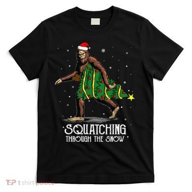 Bigfoot Squatching Through The Snow Christmas Tree Sasquatch T-Shirt