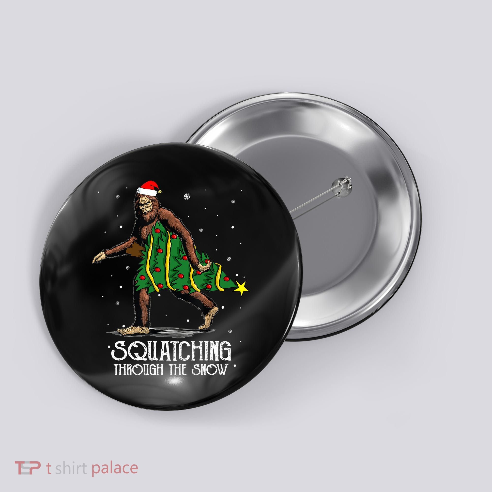 Bigfoot Squatching Through The Snow Christmas Tree Sasquatch Button