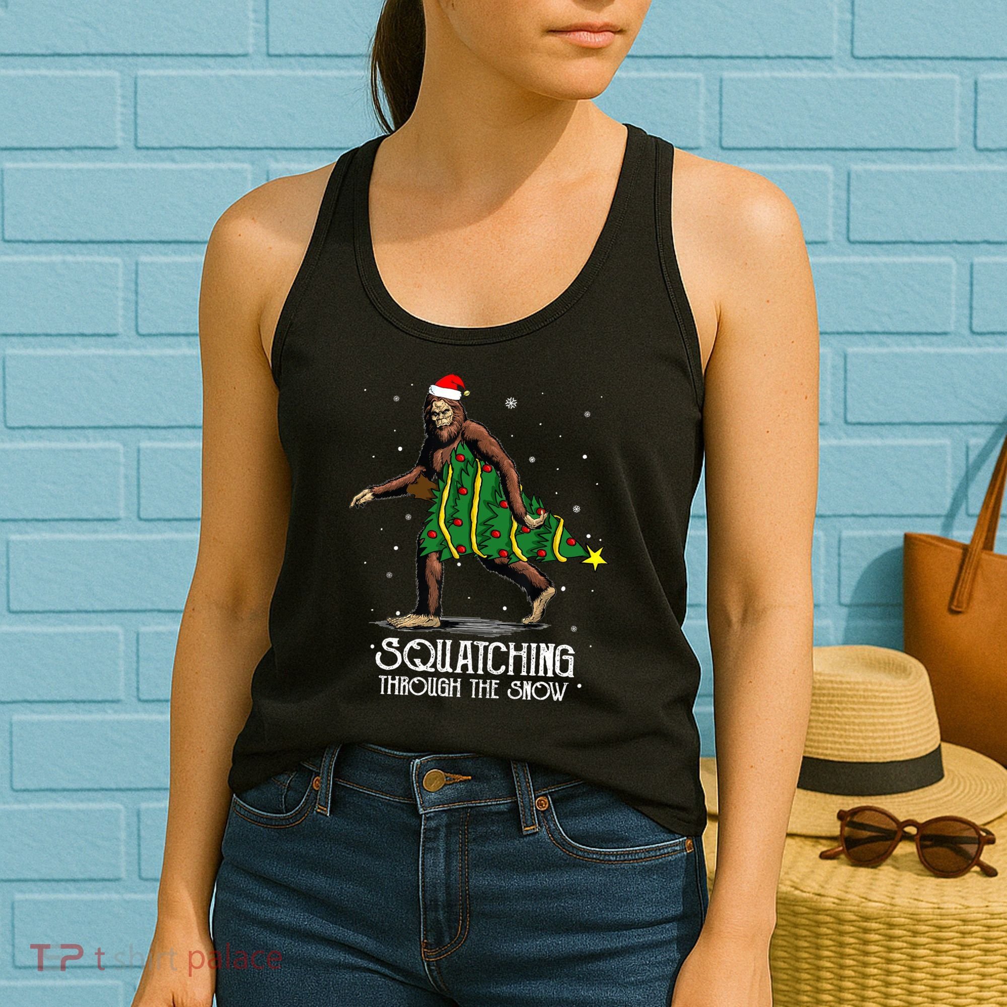 Bigfoot Squatching Through The Snow Christmas Tree Sasquatch Women's Tank Top