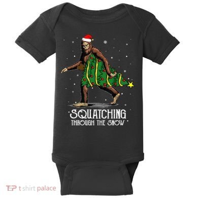 Bigfoot Squatching Through The Snow Christmas Tree Sasquatch Baby Bodysuit
