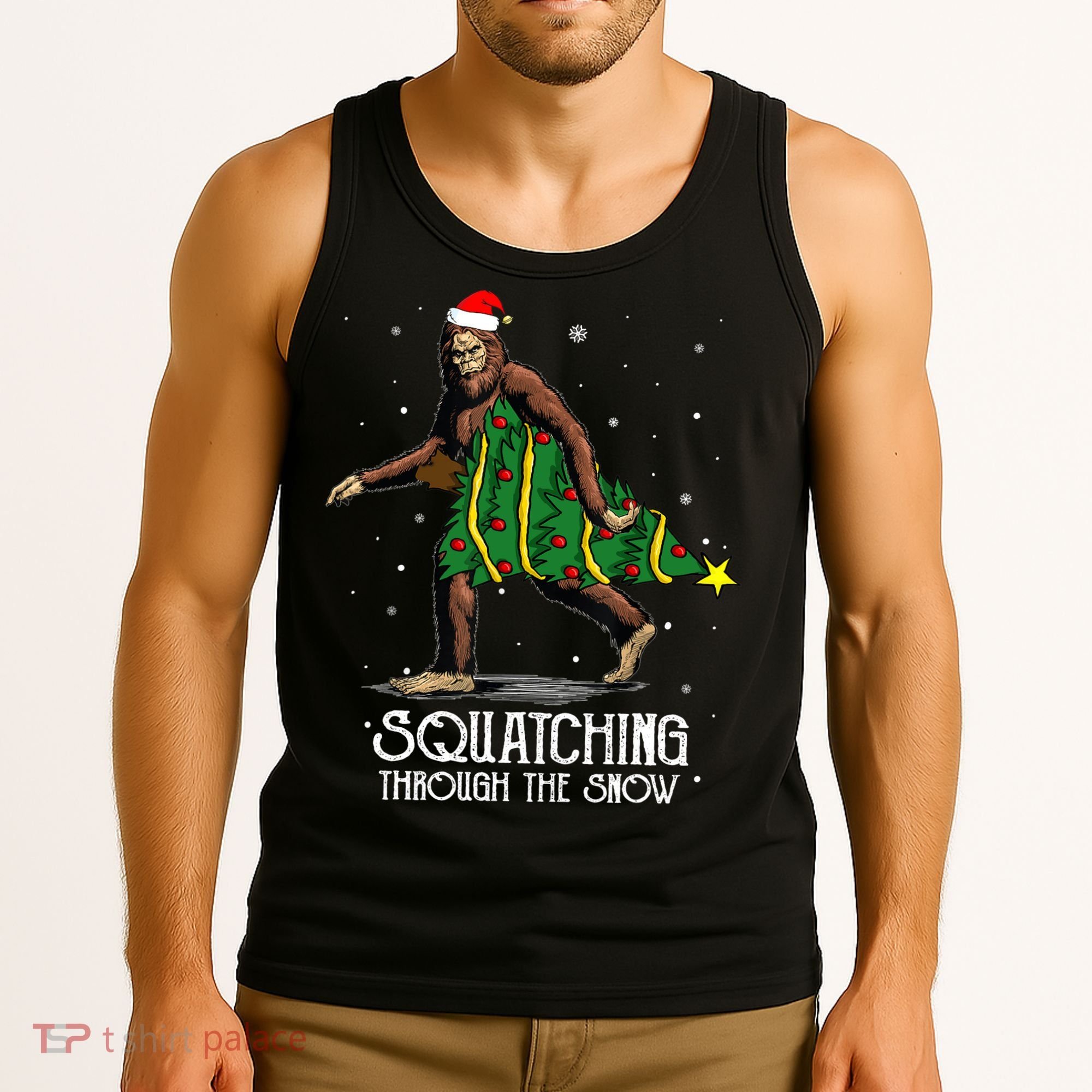 Bigfoot Squatching Through The Snow Christmas Tree Sasquatch Tank Top