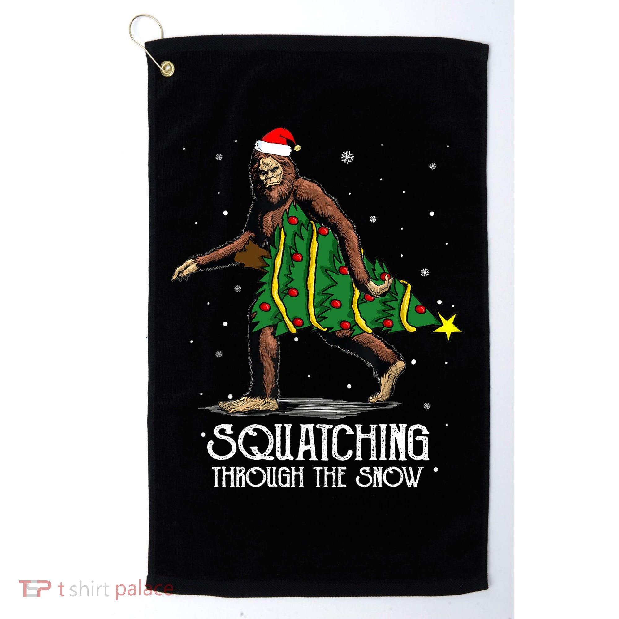 Bigfoot Squatching Through The Snow Christmas Tree Sasquatch Golf Towel
