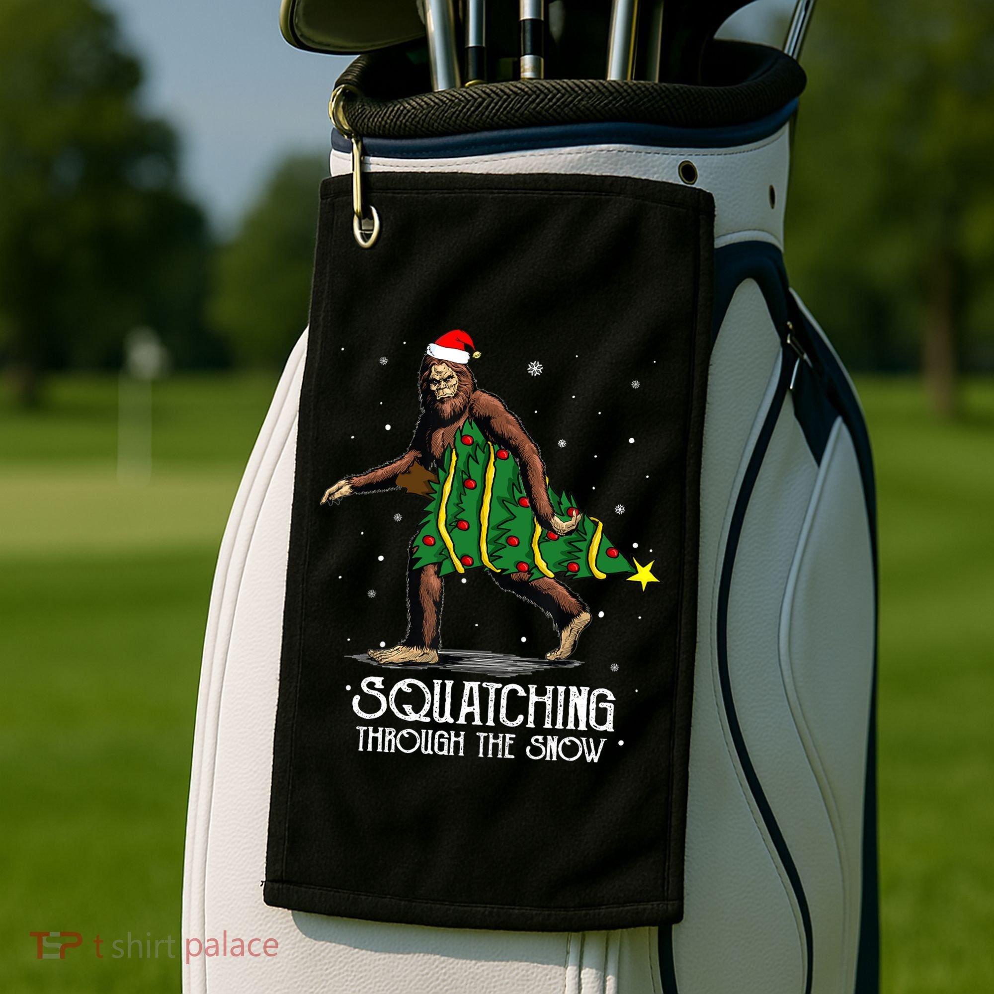 Bigfoot Squatching Through The Snow Christmas Tree Sasquatch Golf Towel
