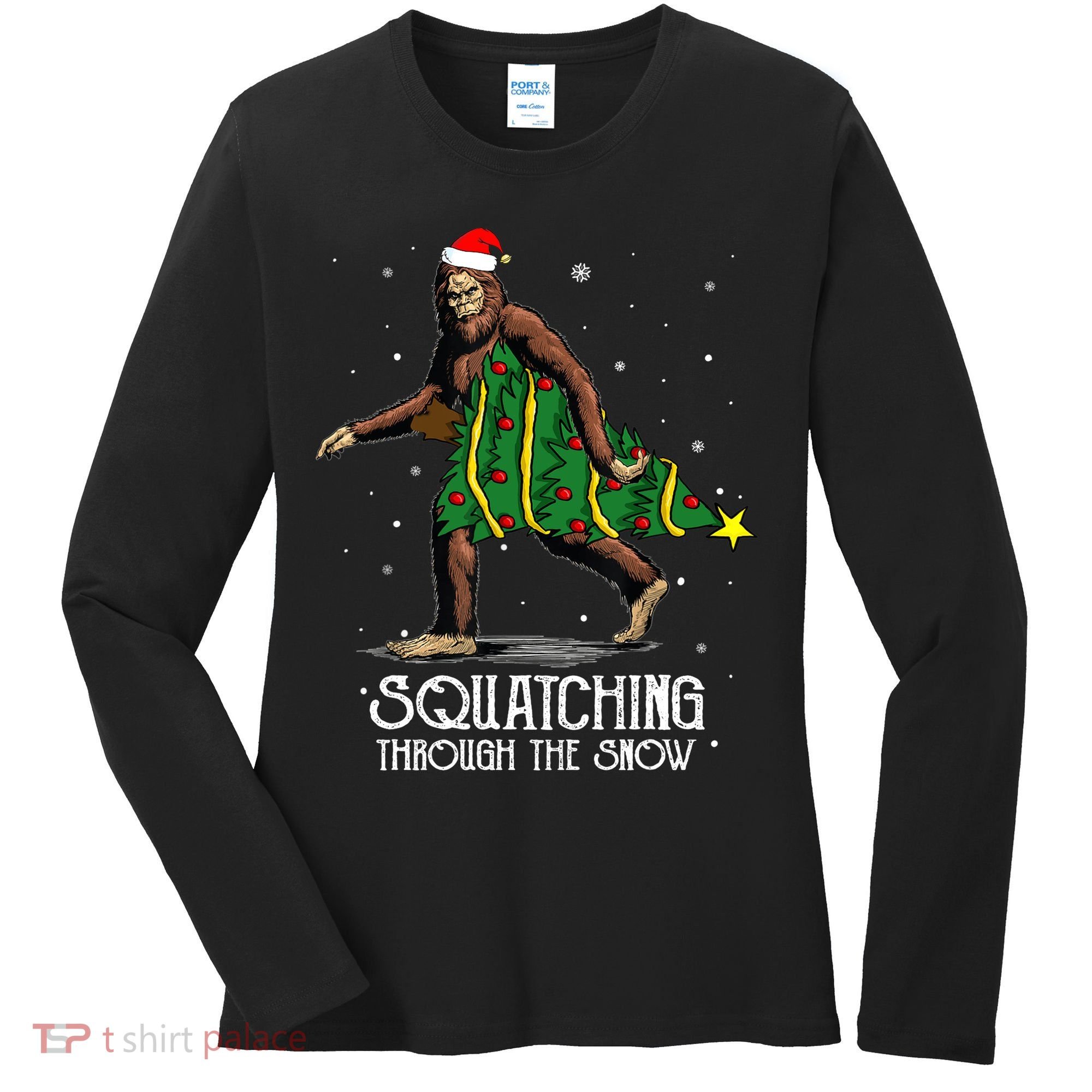 Bigfoot Squatching Through The Snow Christmas Tree Sasquatch Women's Long Sleeve Shirt