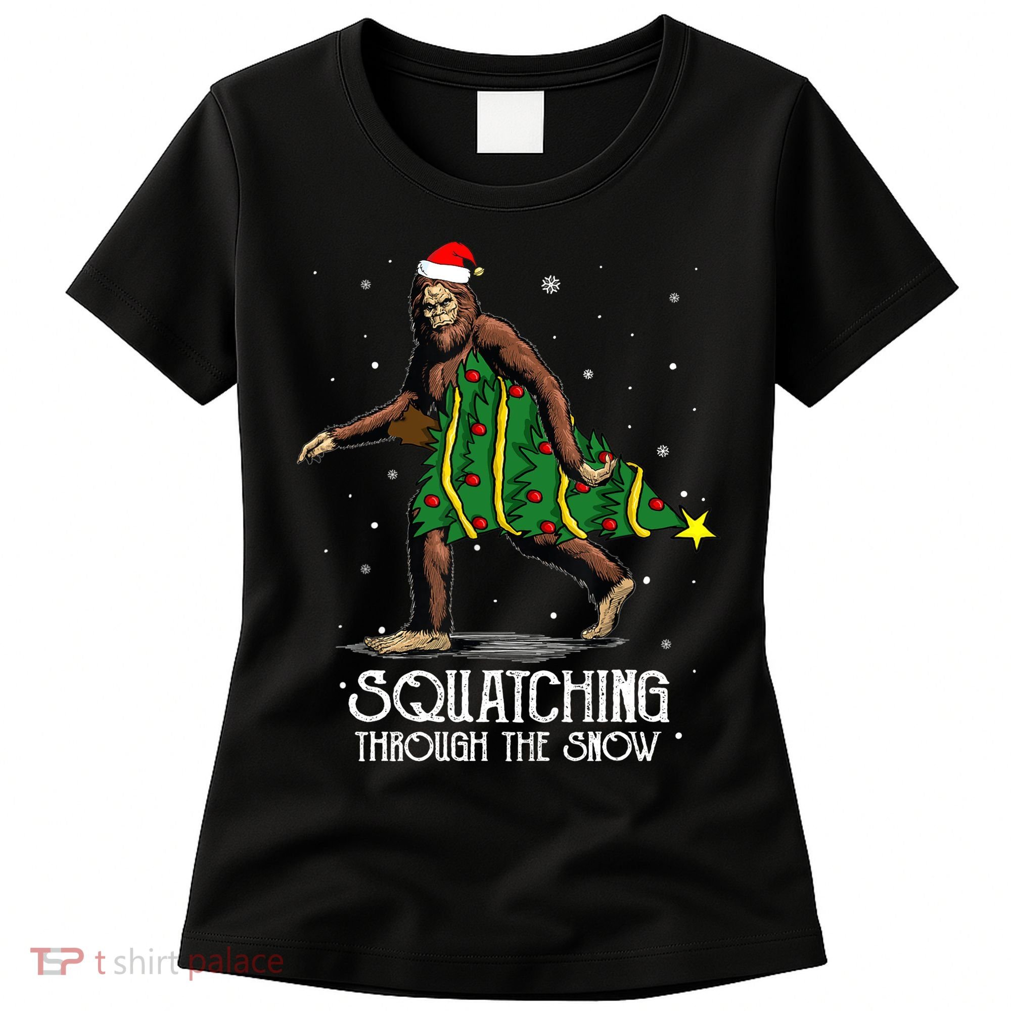 Bigfoot Squatching Through The Snow Christmas Tree Sasquatch Women's T-Shirt