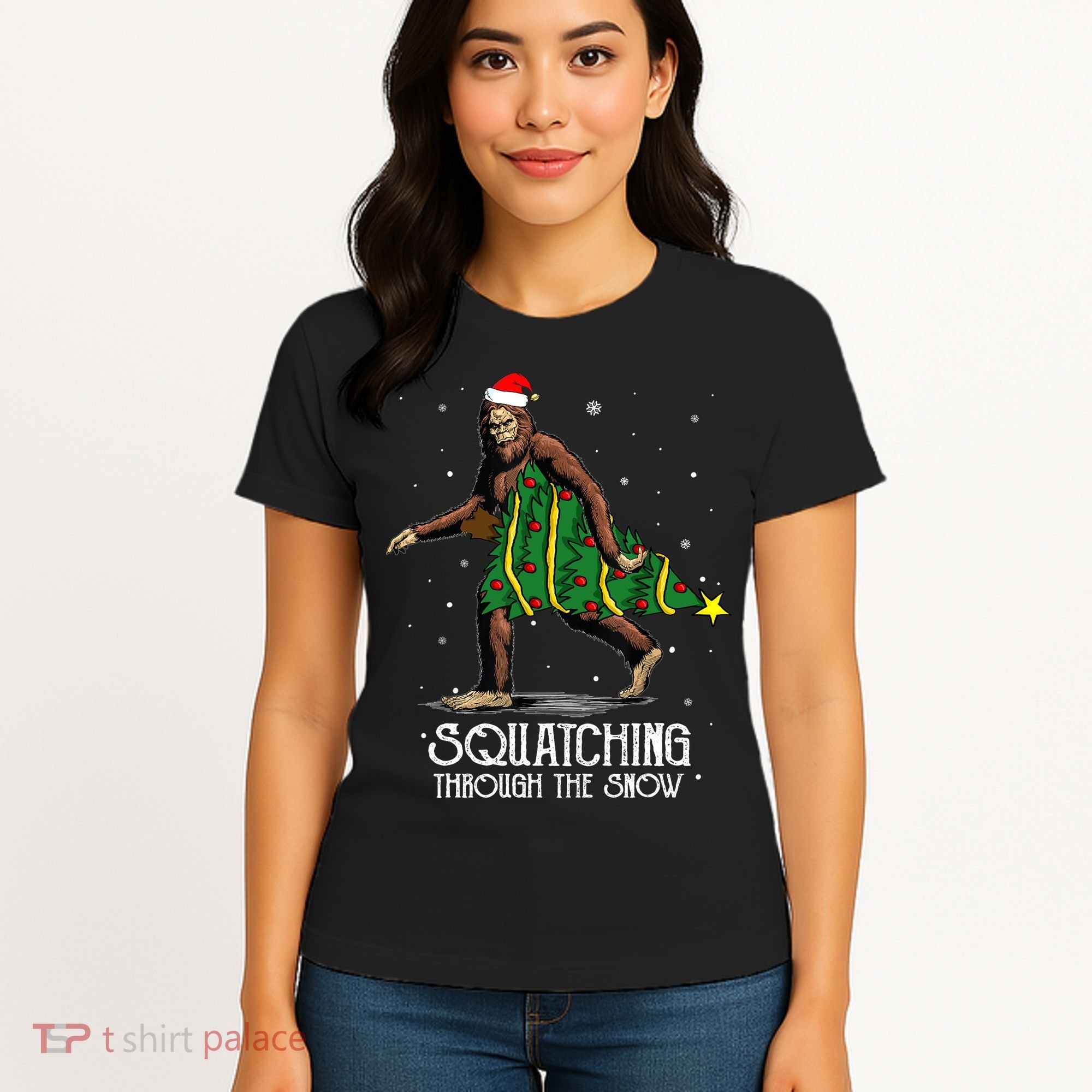 Bigfoot Squatching Through The Snow Christmas Tree Sasquatch Women's T-Shirt