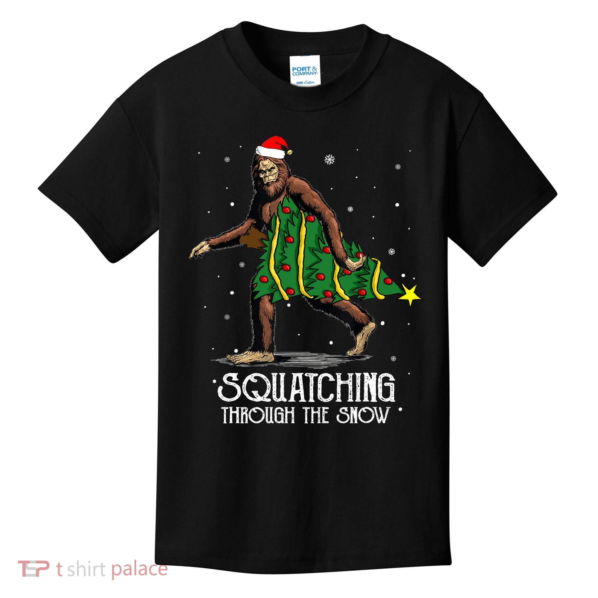 Bigfoot Squatching Through The Snow Christmas Tree Sasquatch Kids T-Shirt