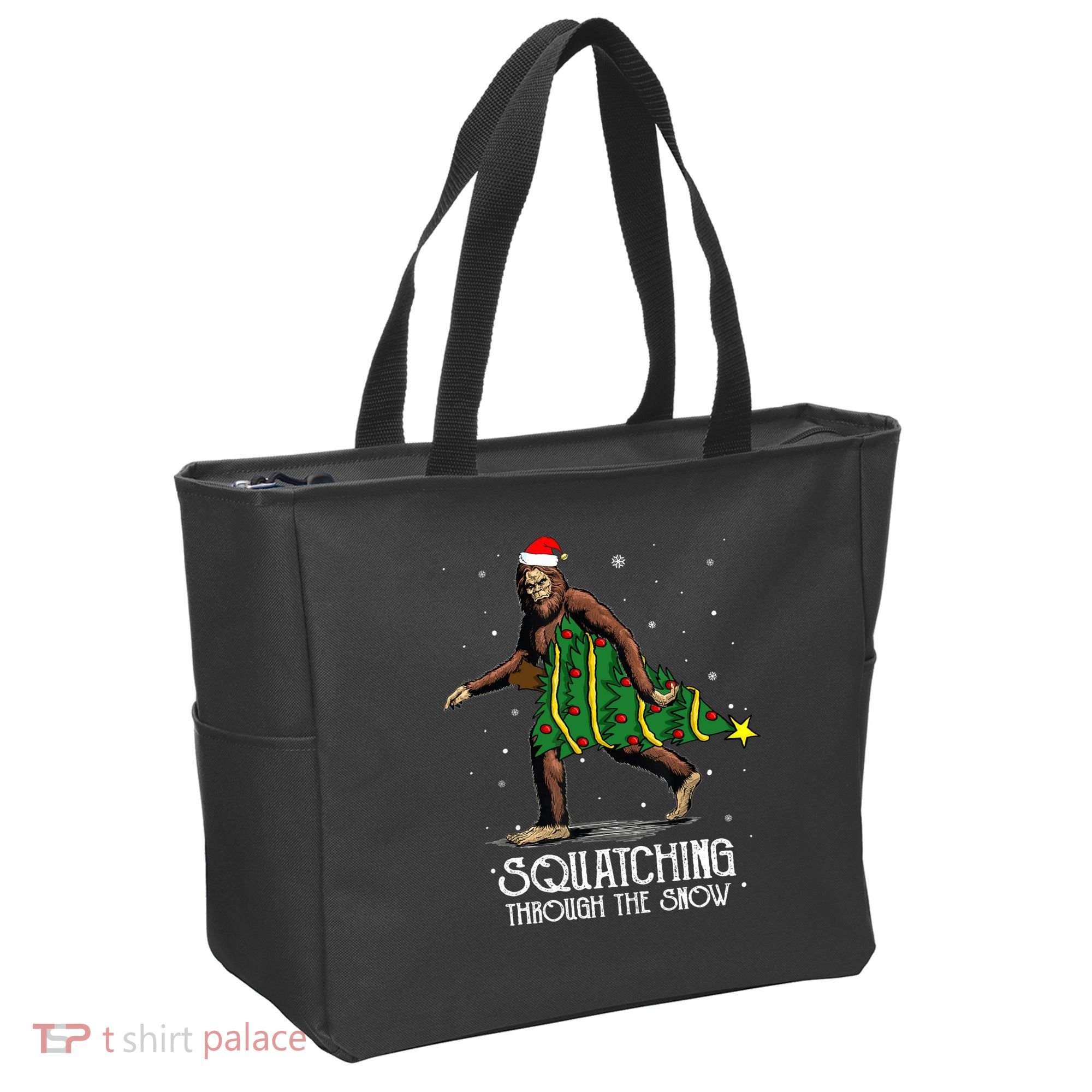 Bigfoot Squatching Through The Snow Christmas Tree Sasquatch Tote Bag