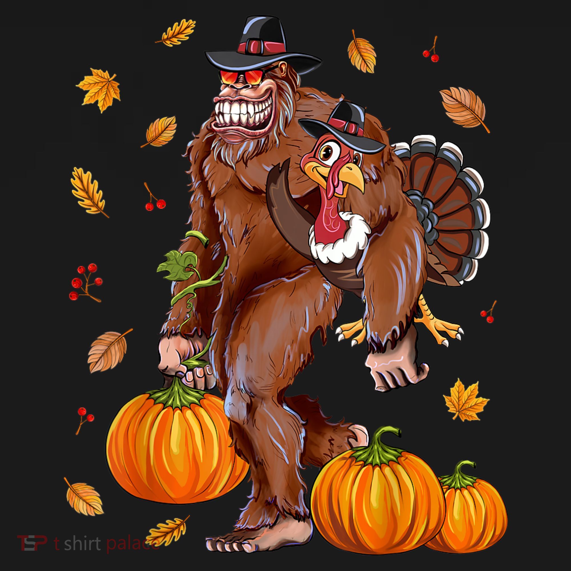 Bigfoot Sasquatch Turkey Pumpkin Happy Thanksgiving Day USA-Made Doggie Bandana