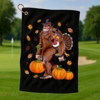 Bigfoot Sasquatch Turkey Pumpkin Happy Thanksgiving Day Golf Towel thumb 1