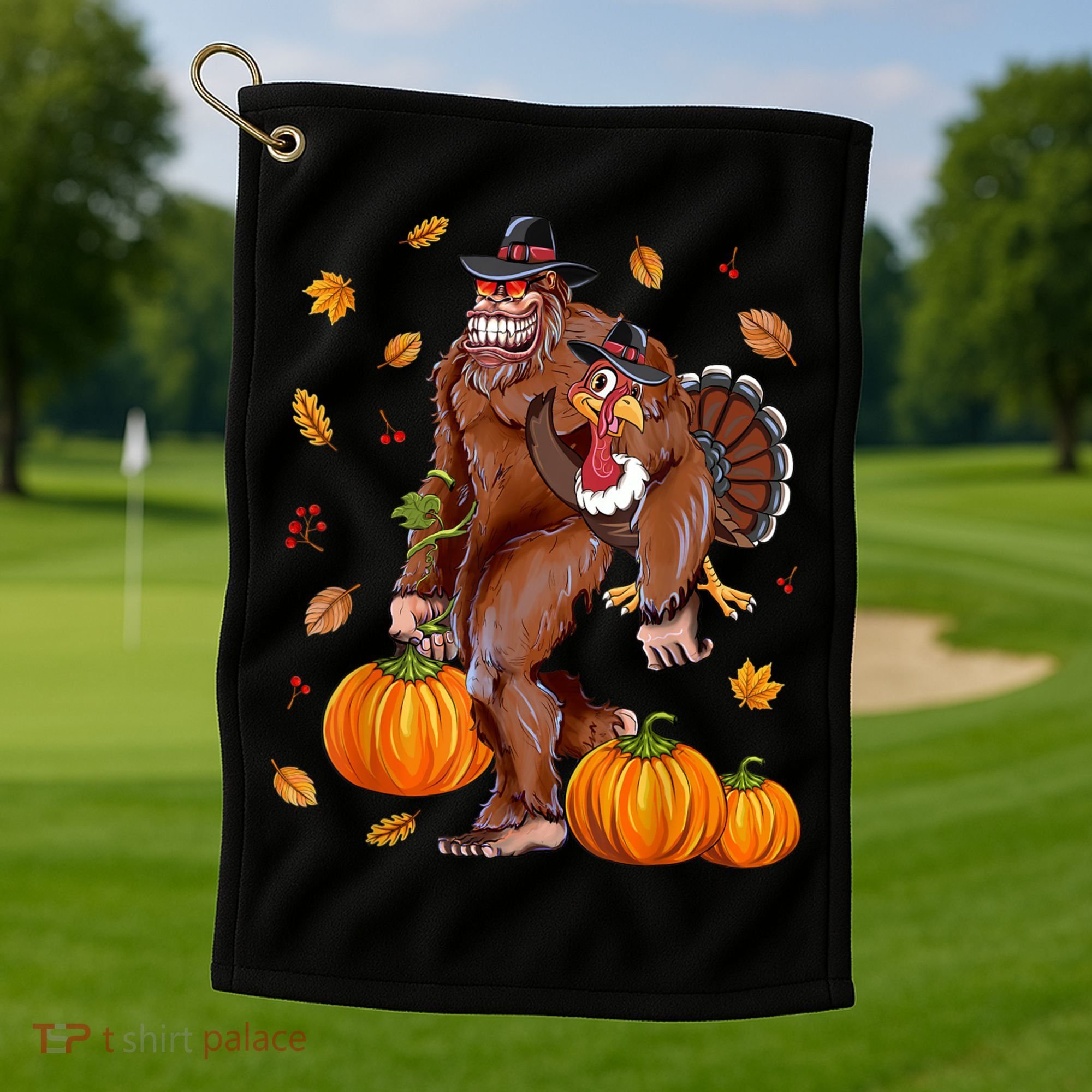 Bigfoot Sasquatch Turkey Pumpkin Happy Thanksgiving Day Golf Towel