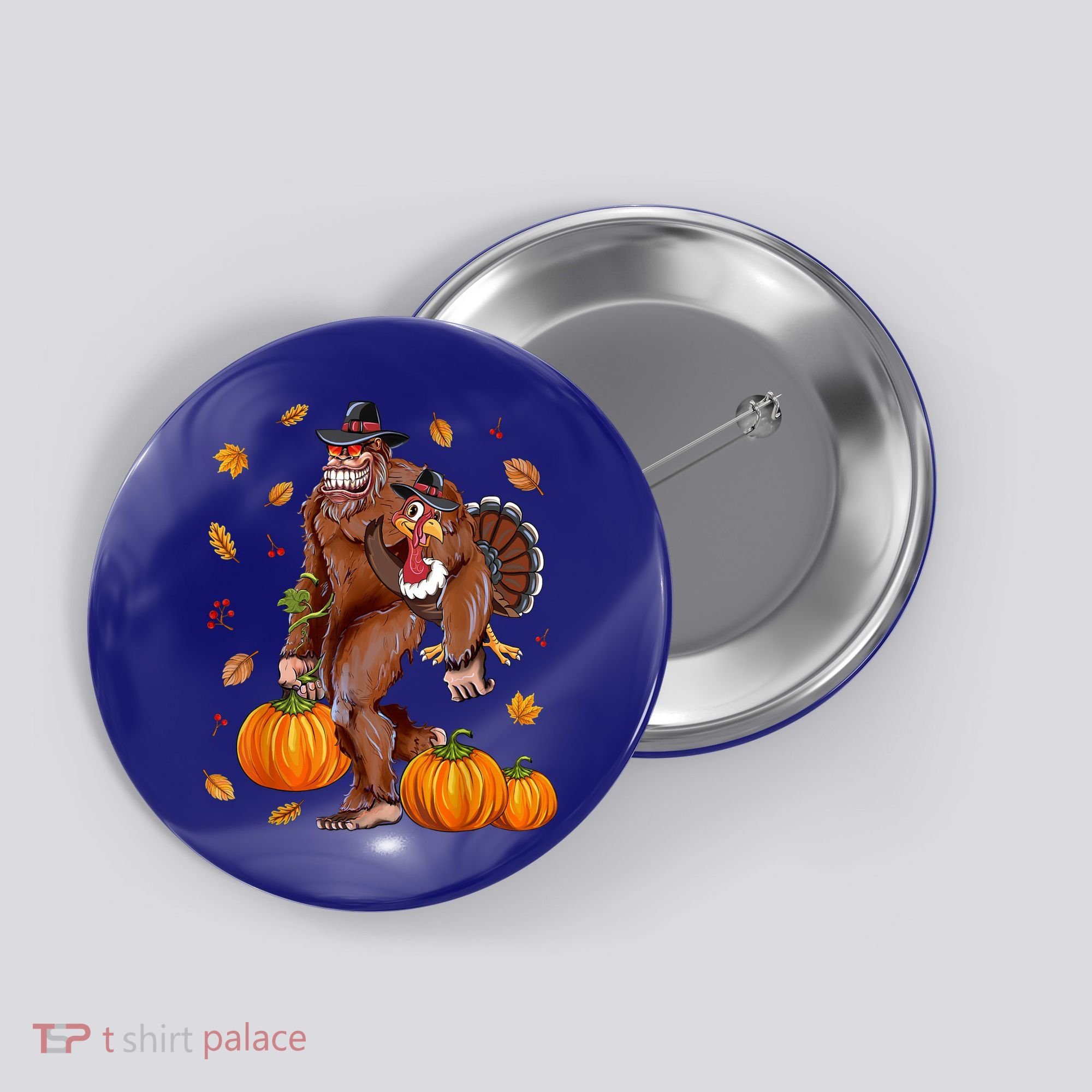 Bigfoot Sasquatch Turkey Pumpkin Happy Thanksgiving Day Button